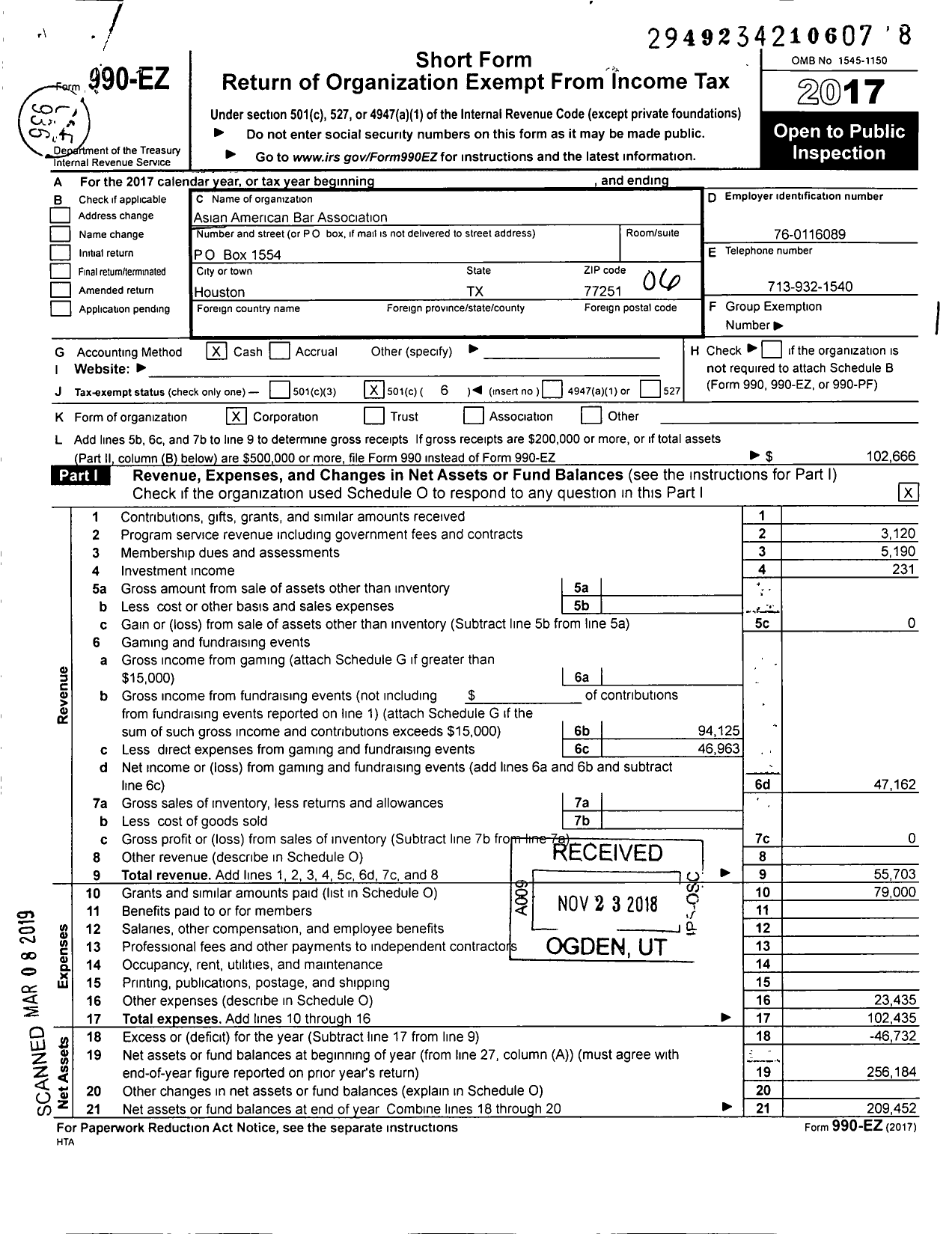 Image of first page of 2017 Form 990EO for Asian American Bar Association