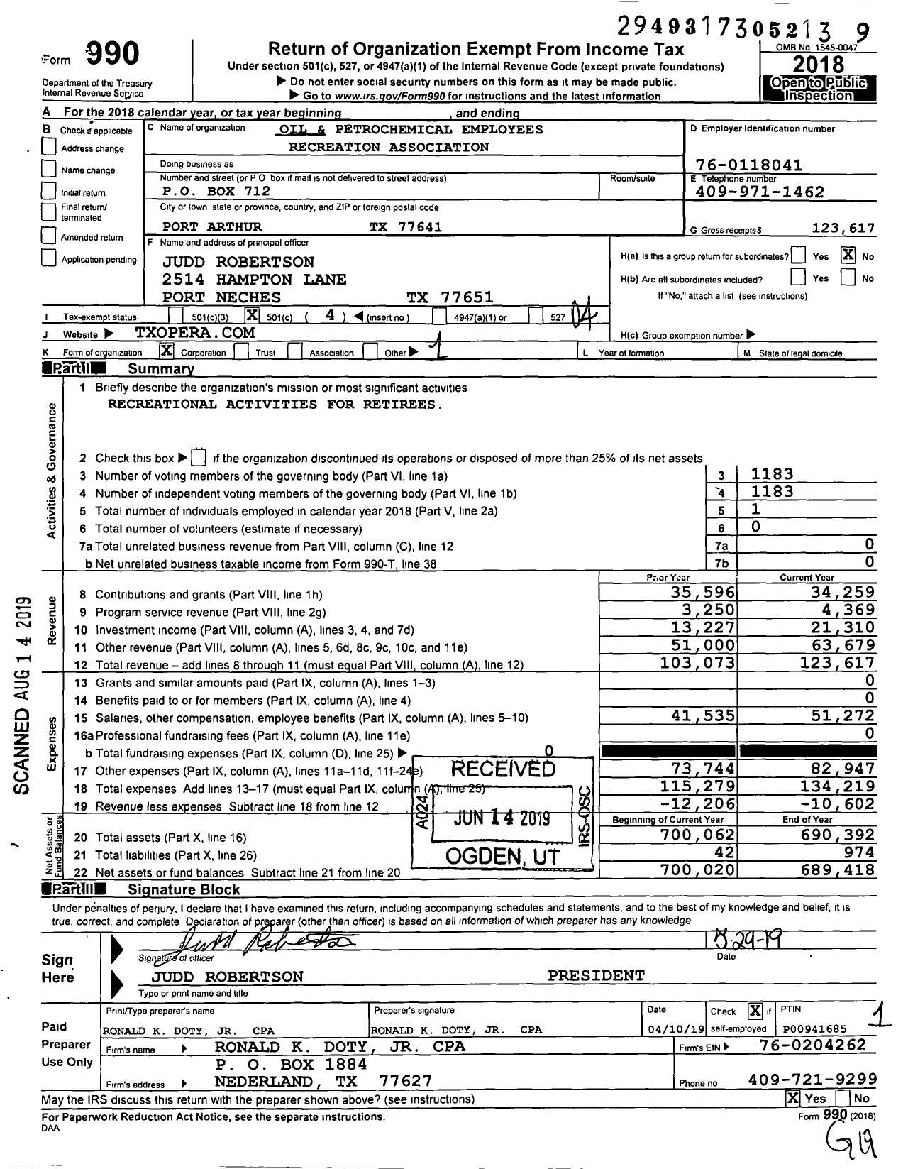 Image of first page of 2018 Form 990O for Oil and Petrochemical Employees Recreation Association (OPERA)