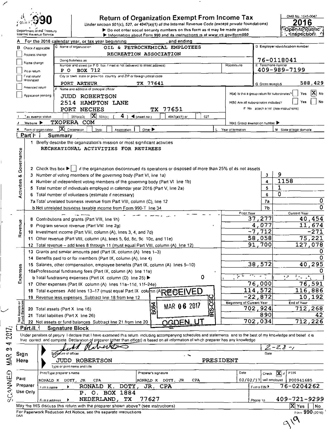Image of first page of 2016 Form 990O for Oil and Petrochemical Employees Recreation Association (OPERA)
