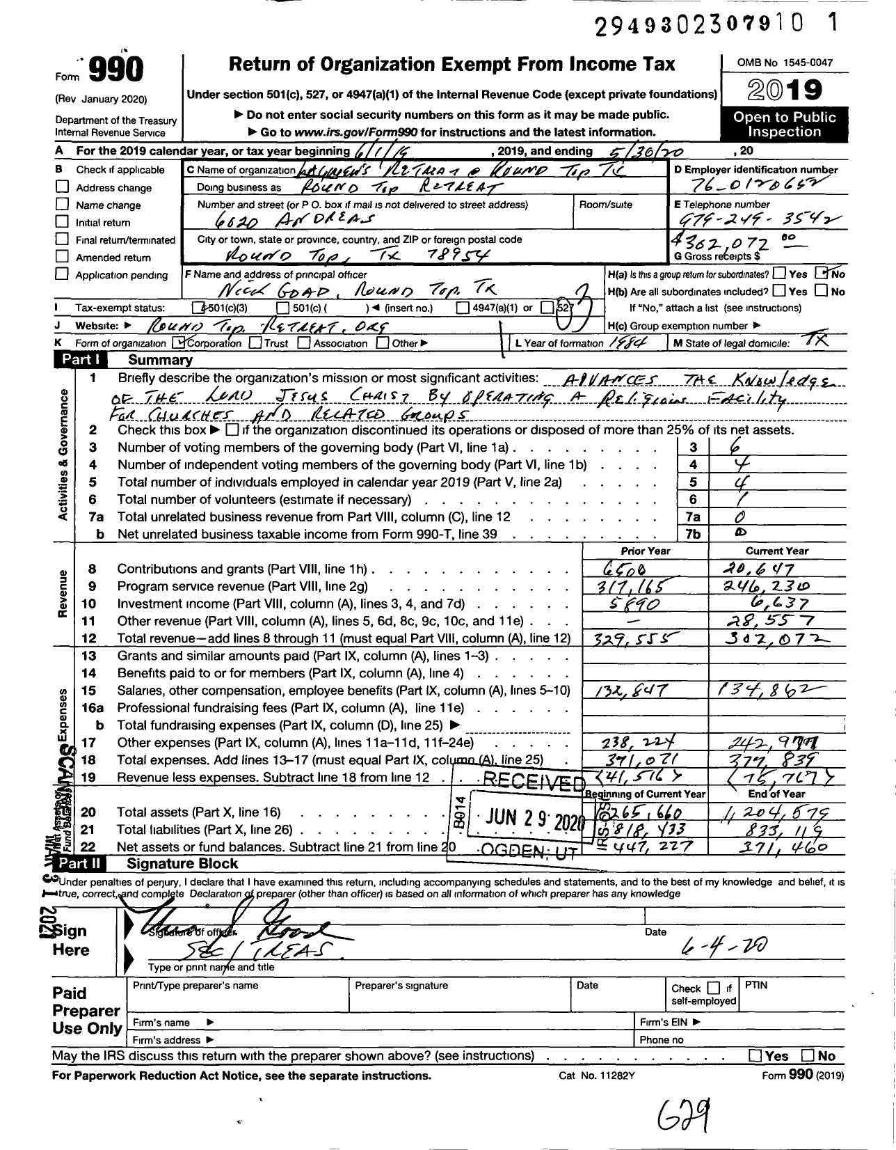 Image of first page of 2019 Form 990 for Round Top Retreat