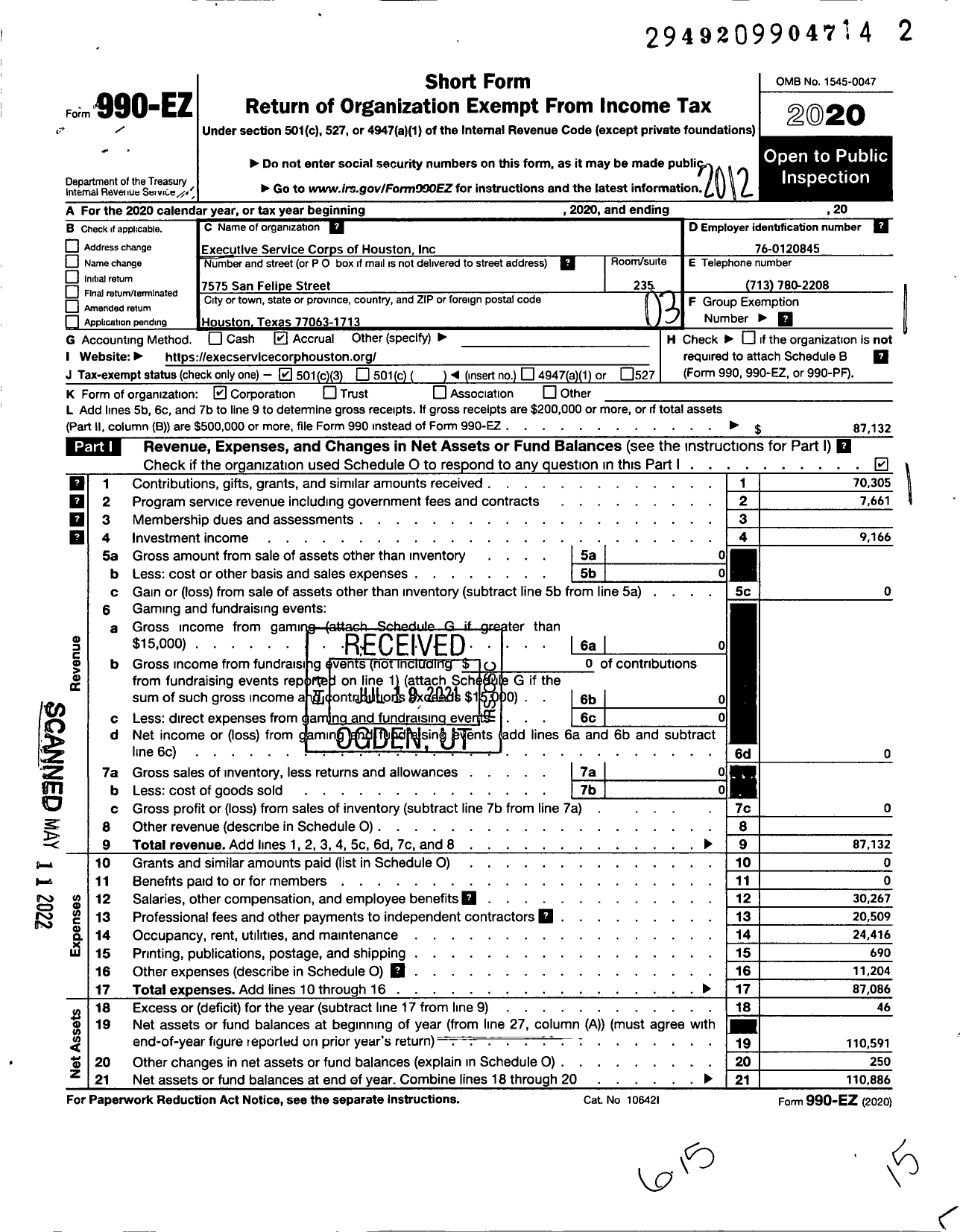 Image of first page of 2020 Form 990EZ for Executive Service Corps of Houston