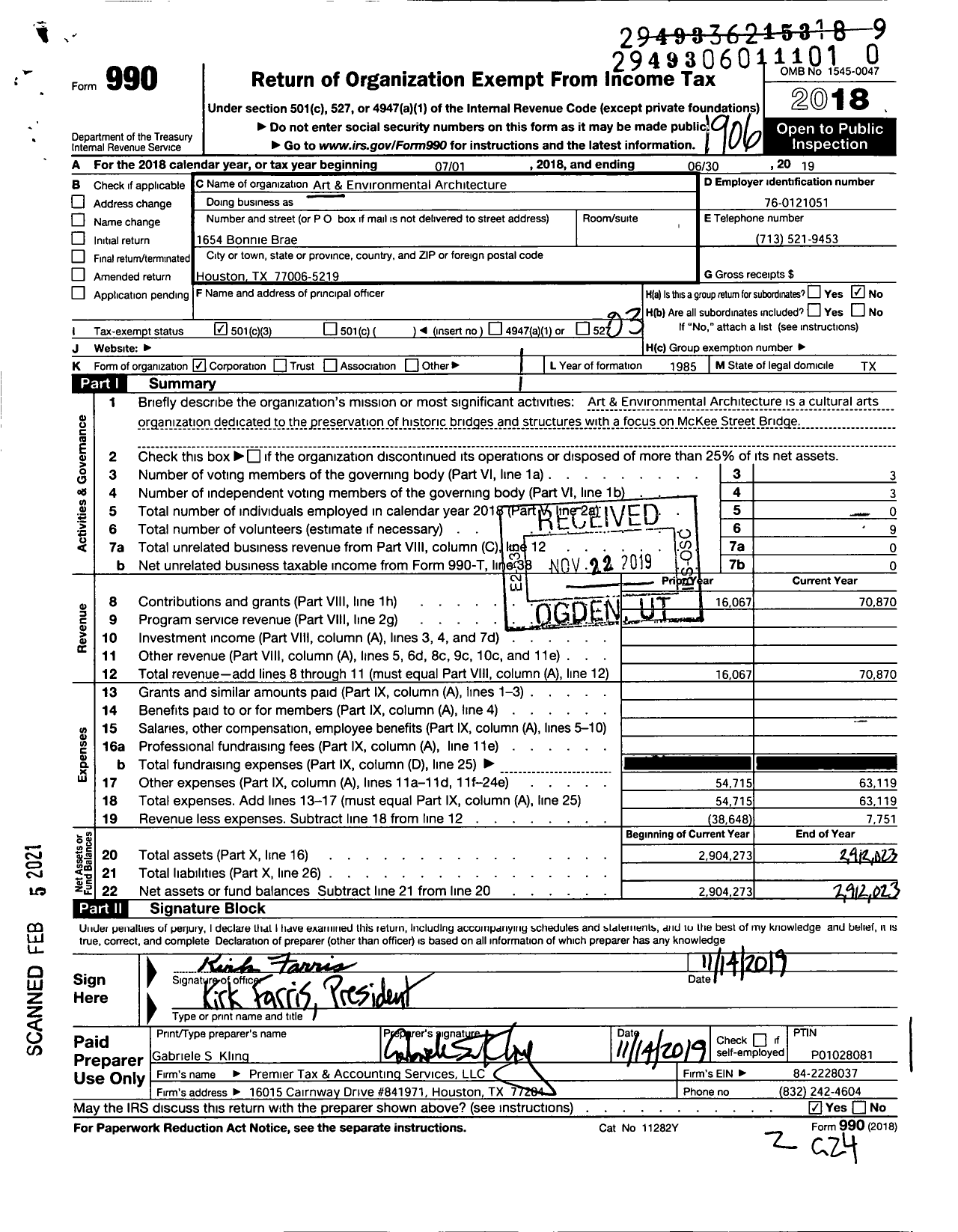 Image of first page of 2018 Form 990 for Art & Environmental Architecture