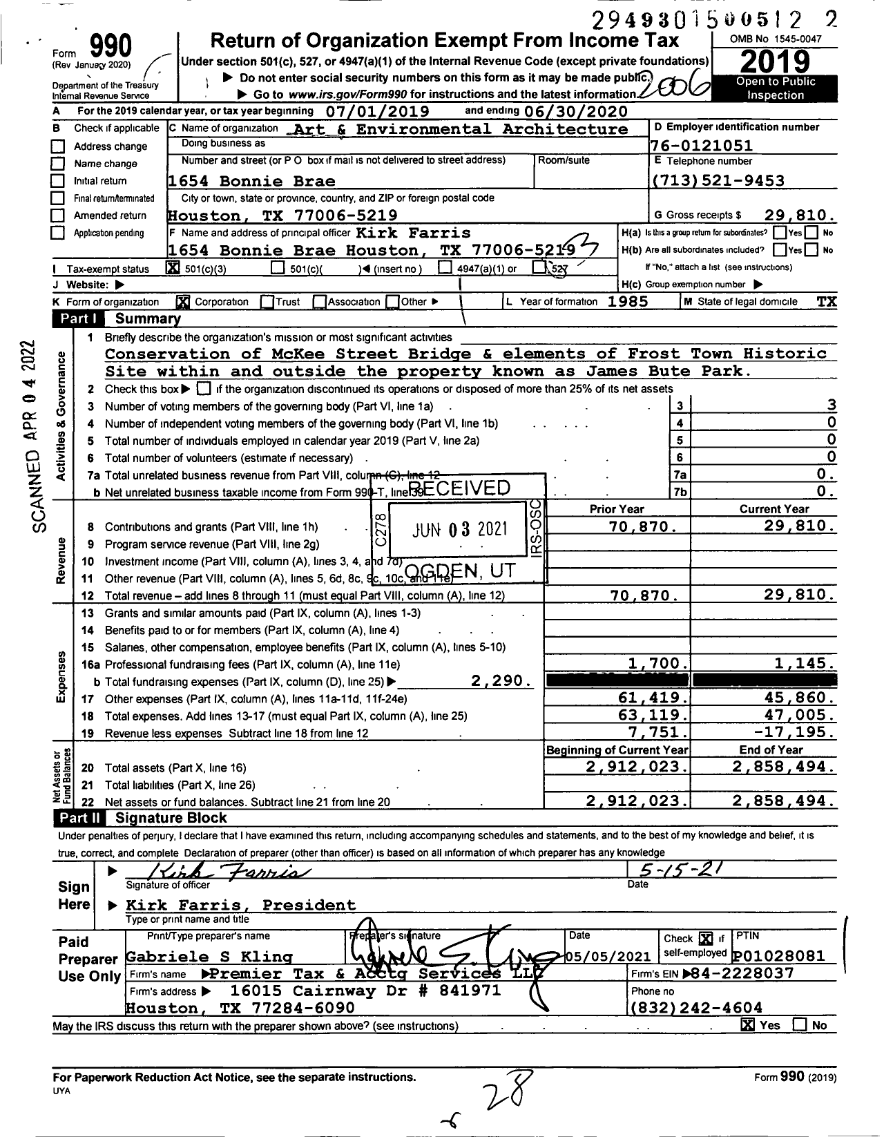 Image of first page of 2019 Form 990 for Art & Environmental Architecture