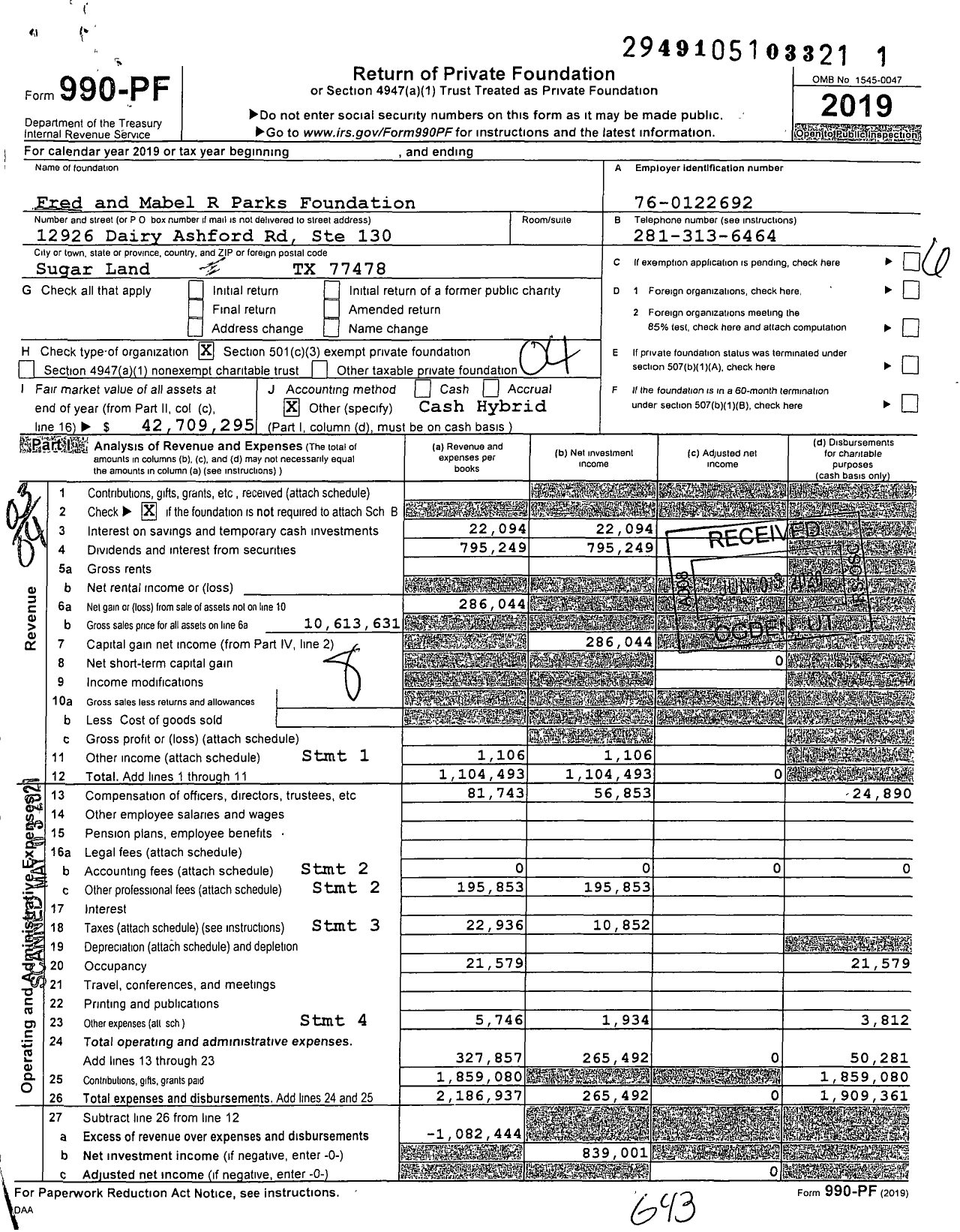 Image of first page of 2019 Form 990PF for Fred and Mabel R Parks Foundation