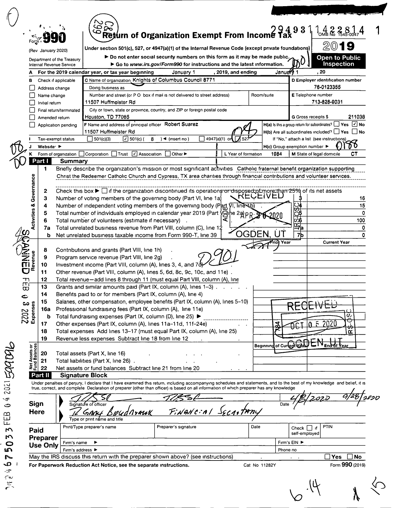 Image of first page of 2019 Form 990O for Knights of Columbus - 8771 Council Anton J Frank