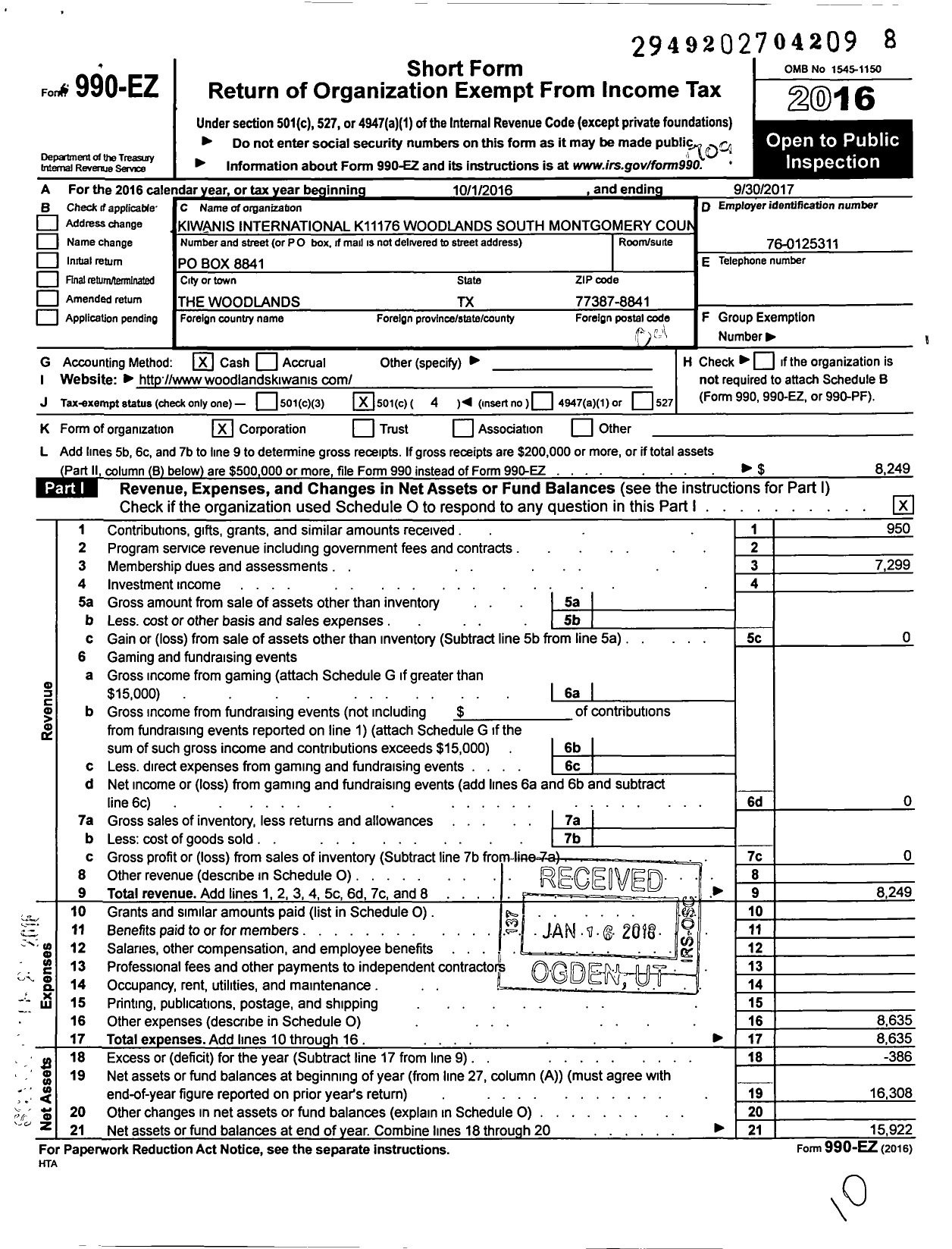 Image of first page of 2016 Form 990EO for Kiwanis International - K11176 Woodlands S Montgomery Co