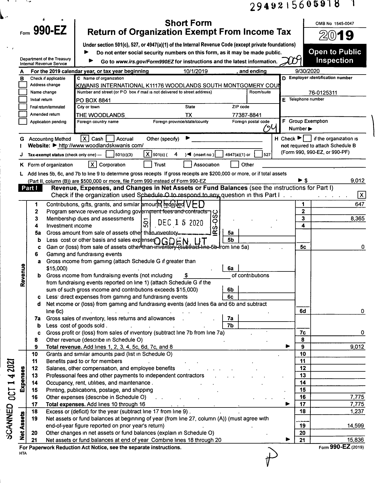 Image of first page of 2019 Form 990EO for Kiwanis International - K11176 Woodlands S Montgomery Co