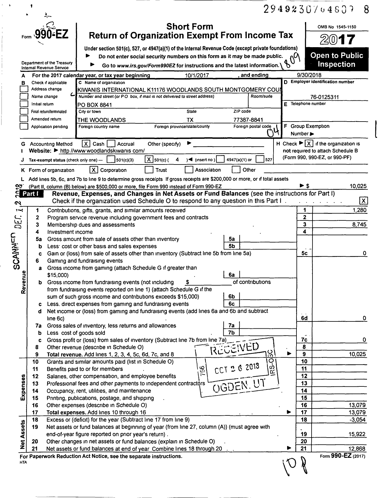 Image of first page of 2017 Form 990EO for Kiwanis International - K11176 Woodlands S Montgomery Co