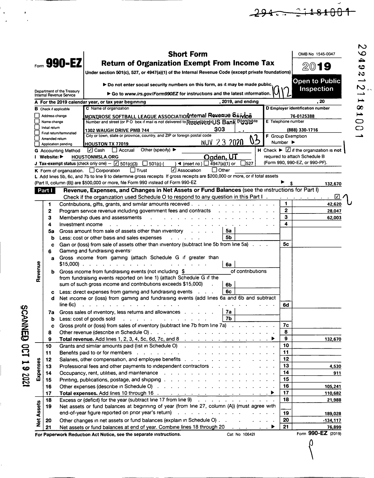 Image of first page of 2019 Form 990EZ for Montrose Softball League