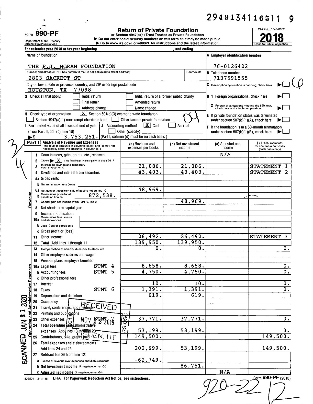 Image of first page of 2018 Form 990EZ for The PJ Moran Foundation