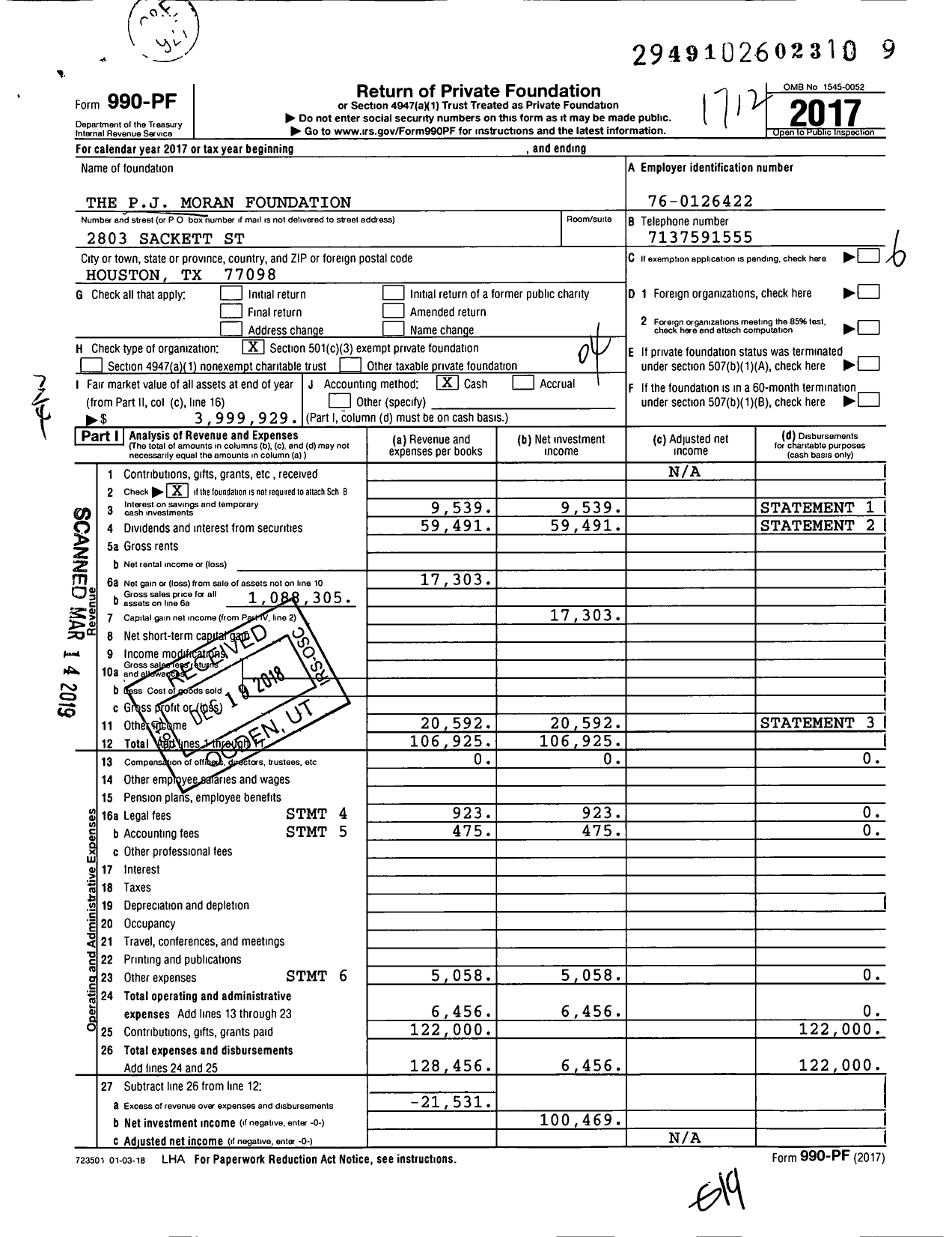 Image of first page of 2017 Form 990PF for The PJ Moran Foundation