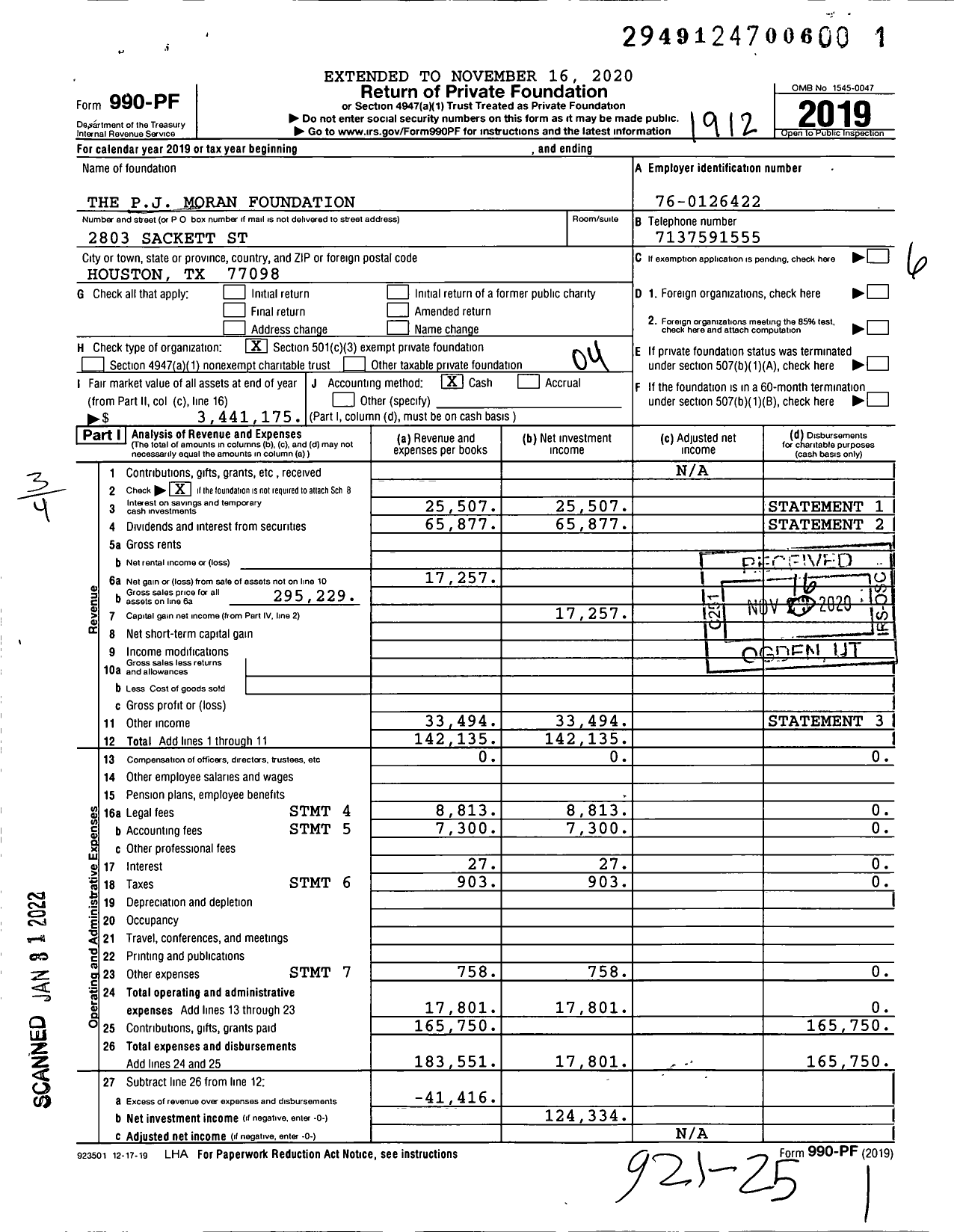 Image of first page of 2019 Form 990PF for The PJ Moran Foundation