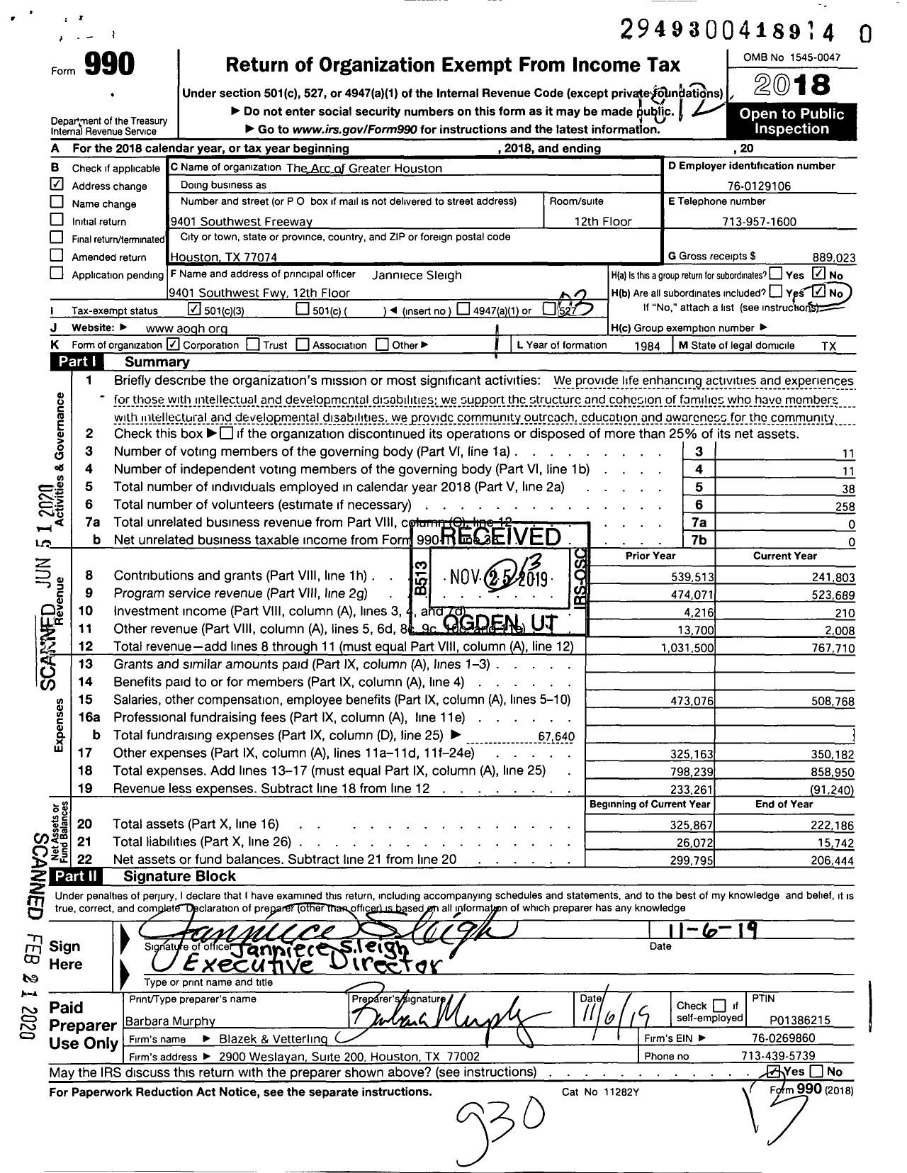Image of first page of 2018 Form 990 for The Arc of Harris County