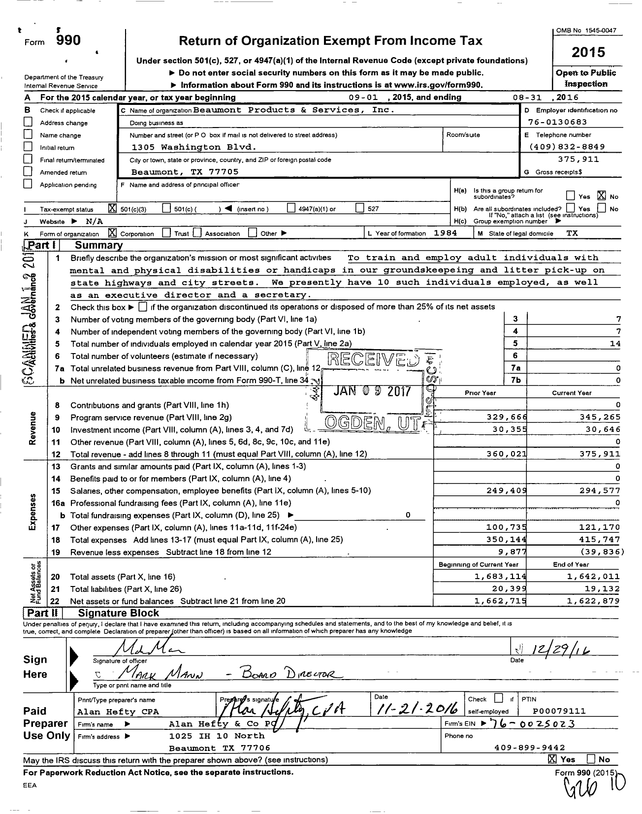 Image of first page of 2015 Form 990 for Beaumont Products and Services