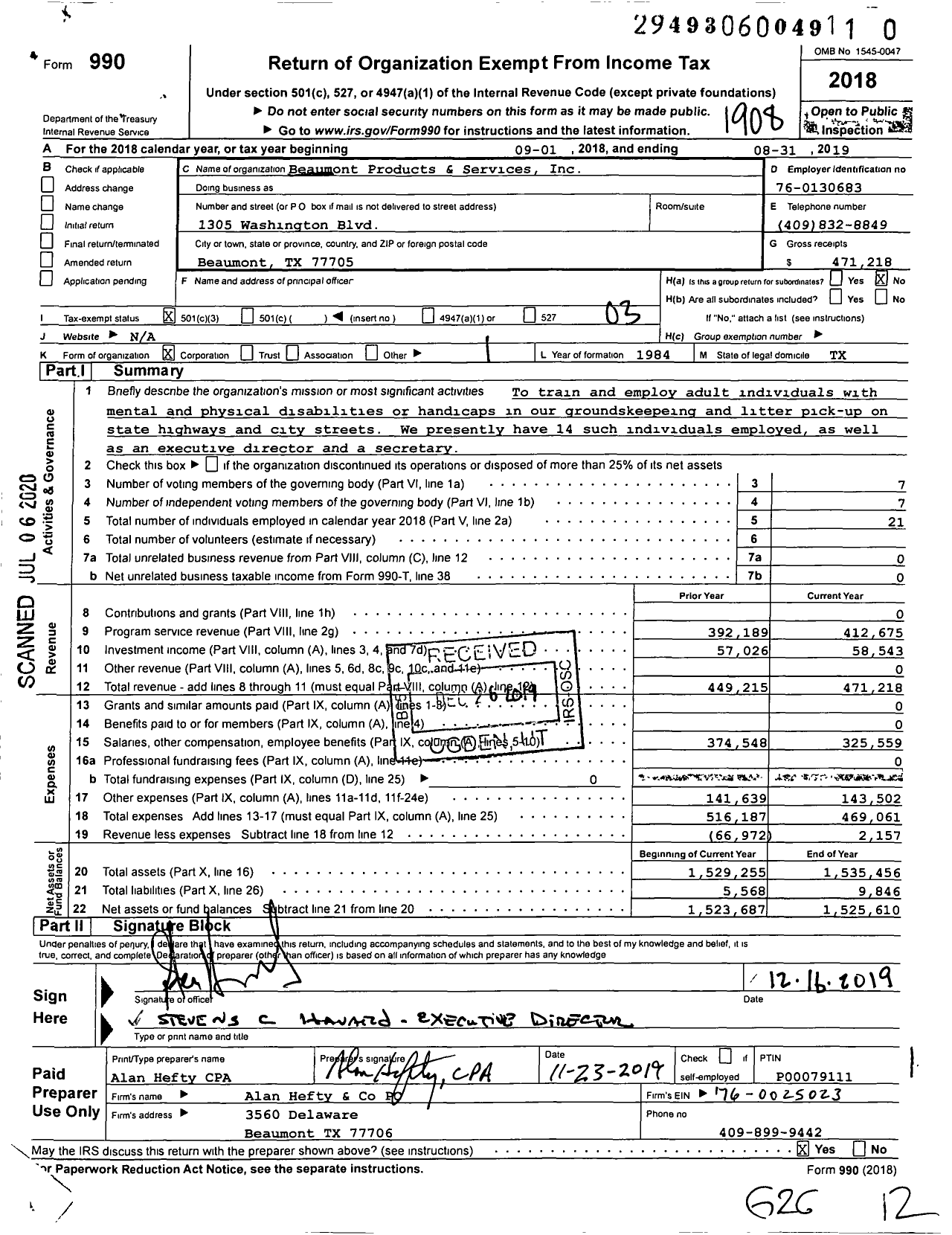Image of first page of 2018 Form 990 for Beaumont Products and Services