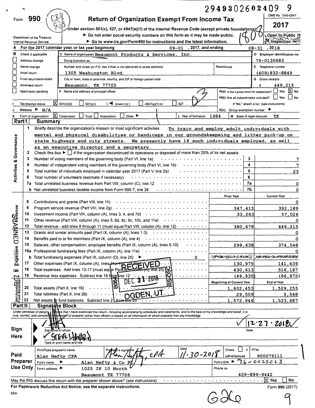 Image of first page of 2017 Form 990 for Beaumont Products and Services