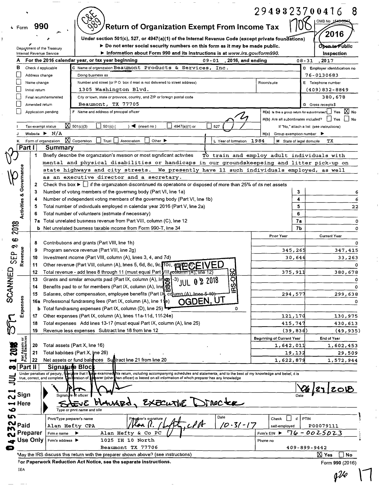 Image of first page of 2016 Form 990 for Beaumont Products and Services