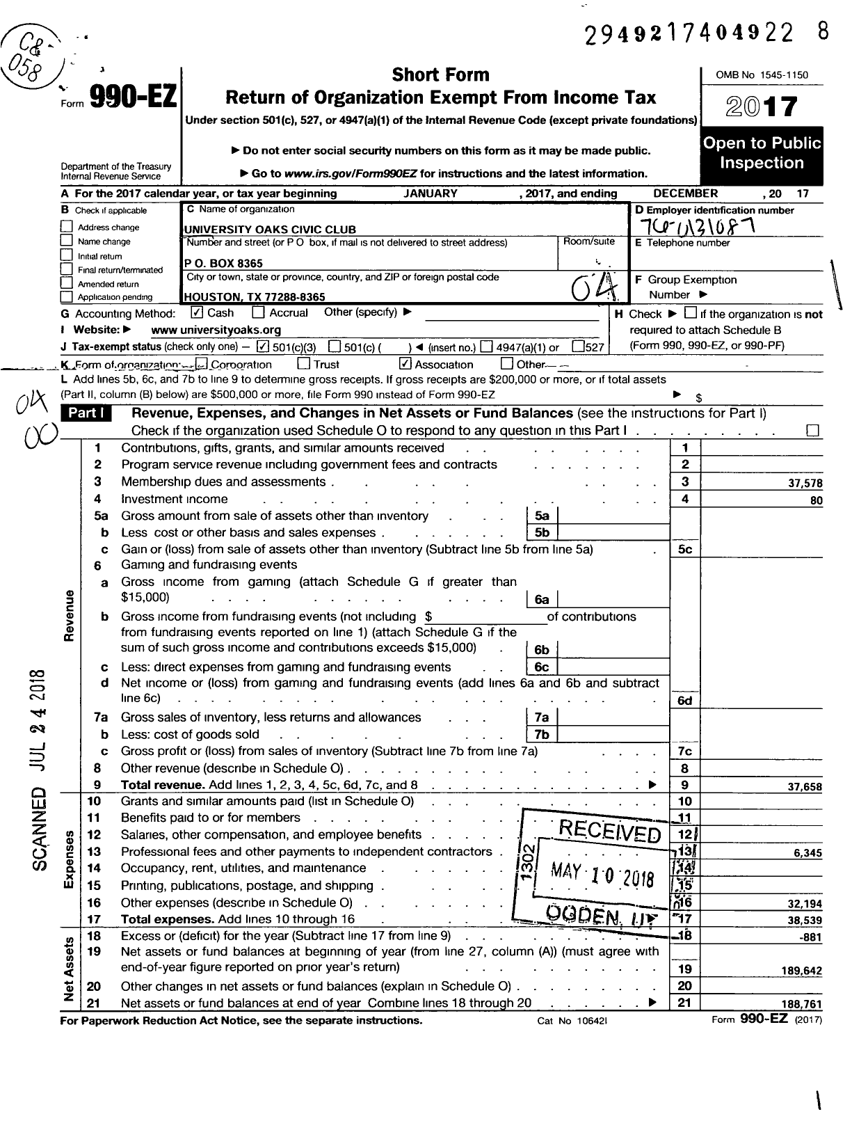 Image of first page of 2017 Form 990EO for University Oaks Civic Club