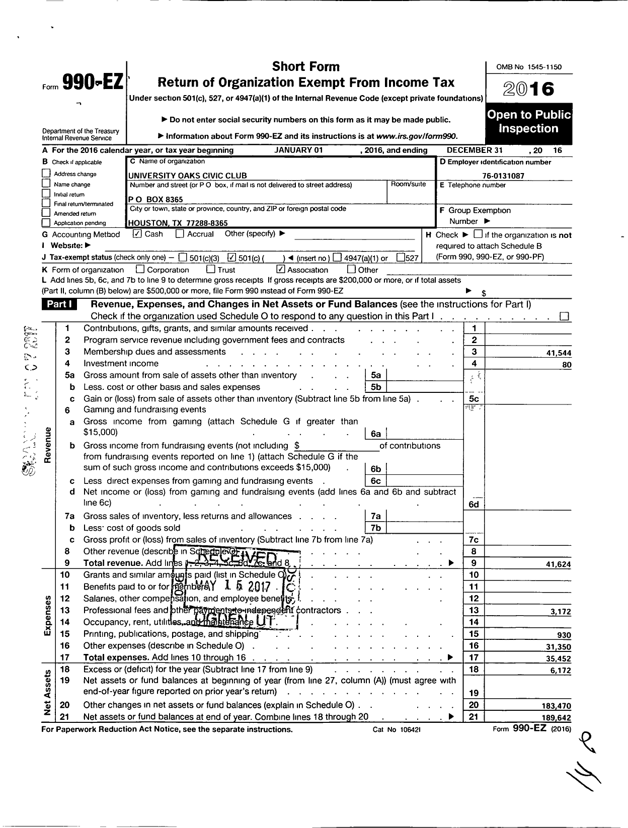 Image of first page of 2016 Form 990EO for University Oaks Civic Club