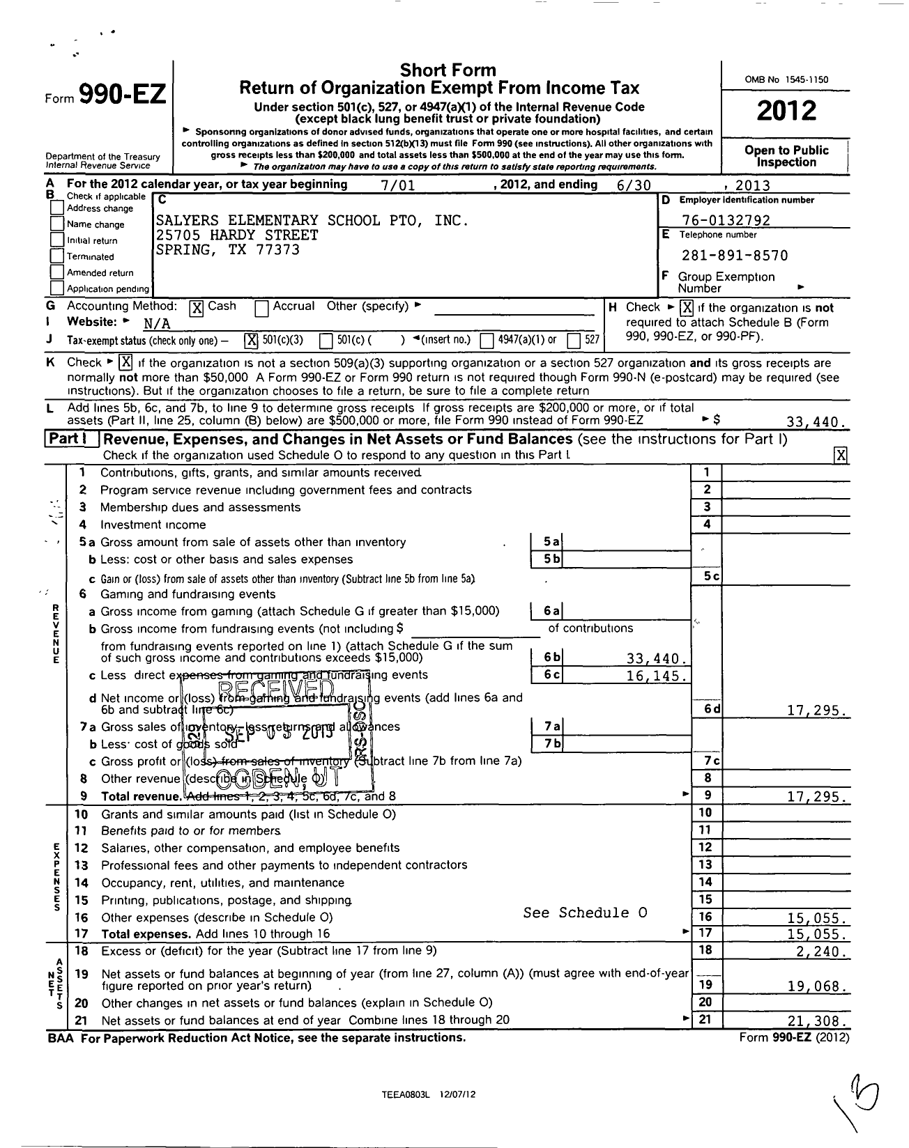 Image of first page of 2012 Form 990EZ for Pto Salyers Elementary School