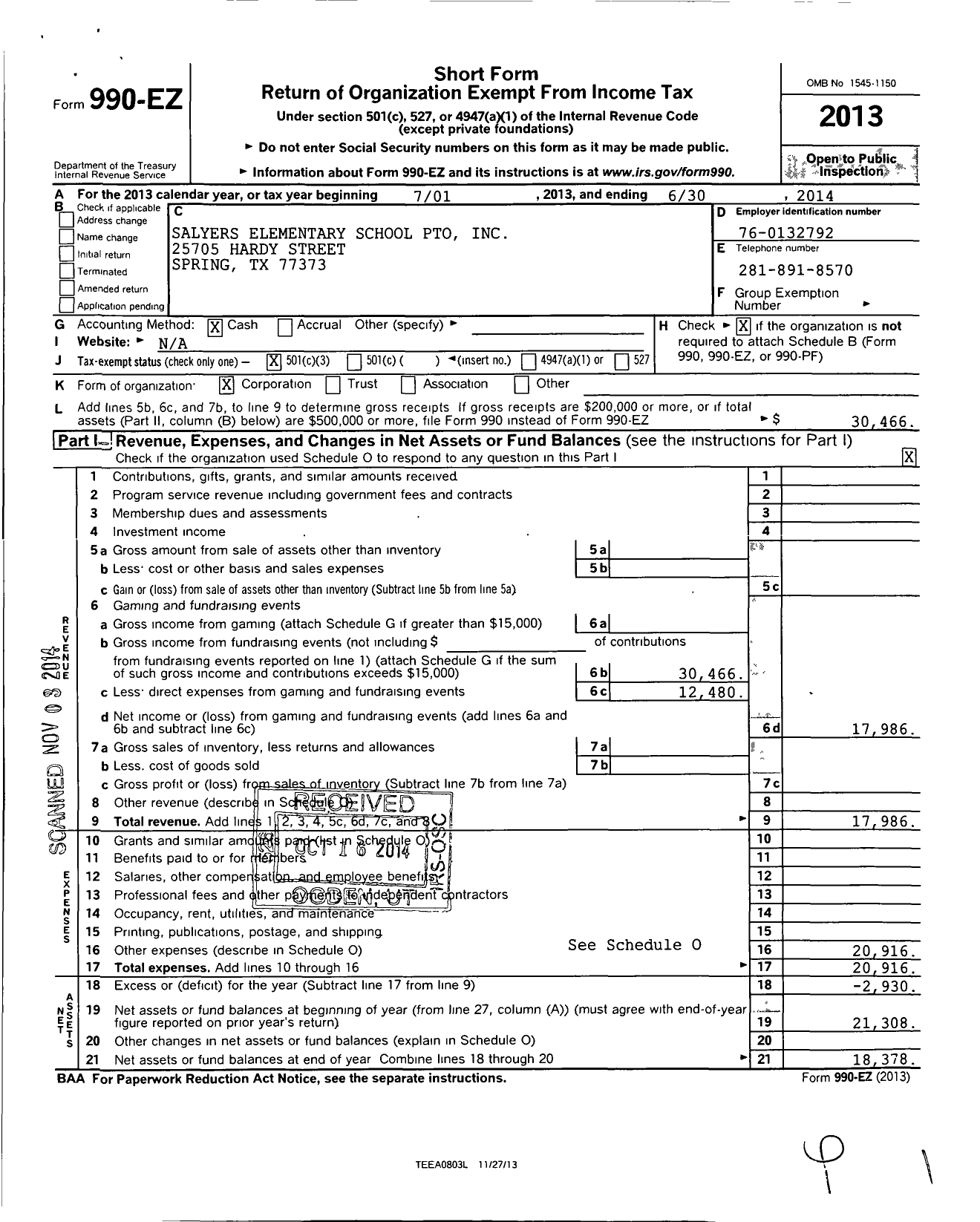 Image of first page of 2013 Form 990EZ for Pto Salyers Elementary School