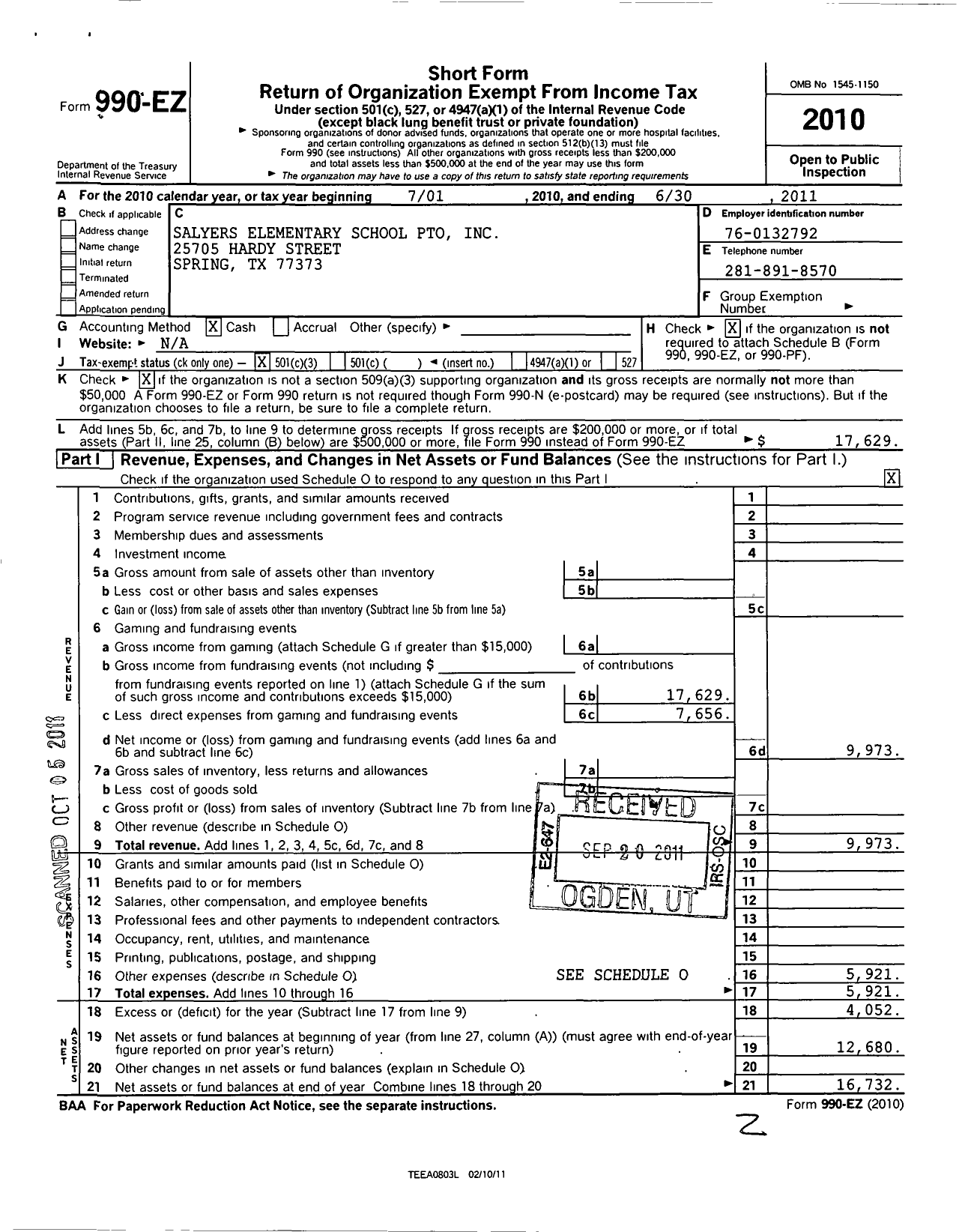 Image of first page of 2010 Form 990EZ for Pto Salyers Elementary School