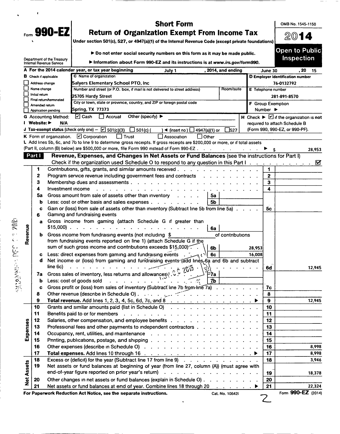 Image of first page of 2014 Form 990EZ for Pto Salyers Elementary School