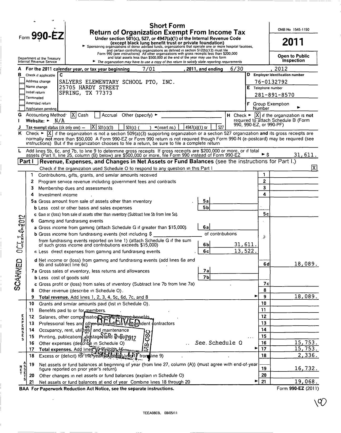 Image of first page of 2011 Form 990EZ for Pto Salyers Elementary School