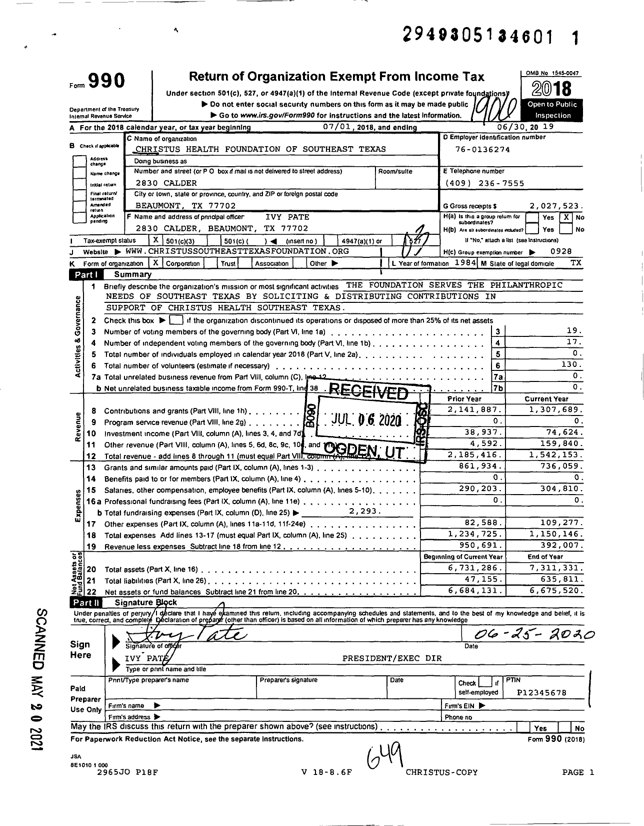 Image of first page of 2018 Form 990 for Christus Health Foundation of Southeast Texas