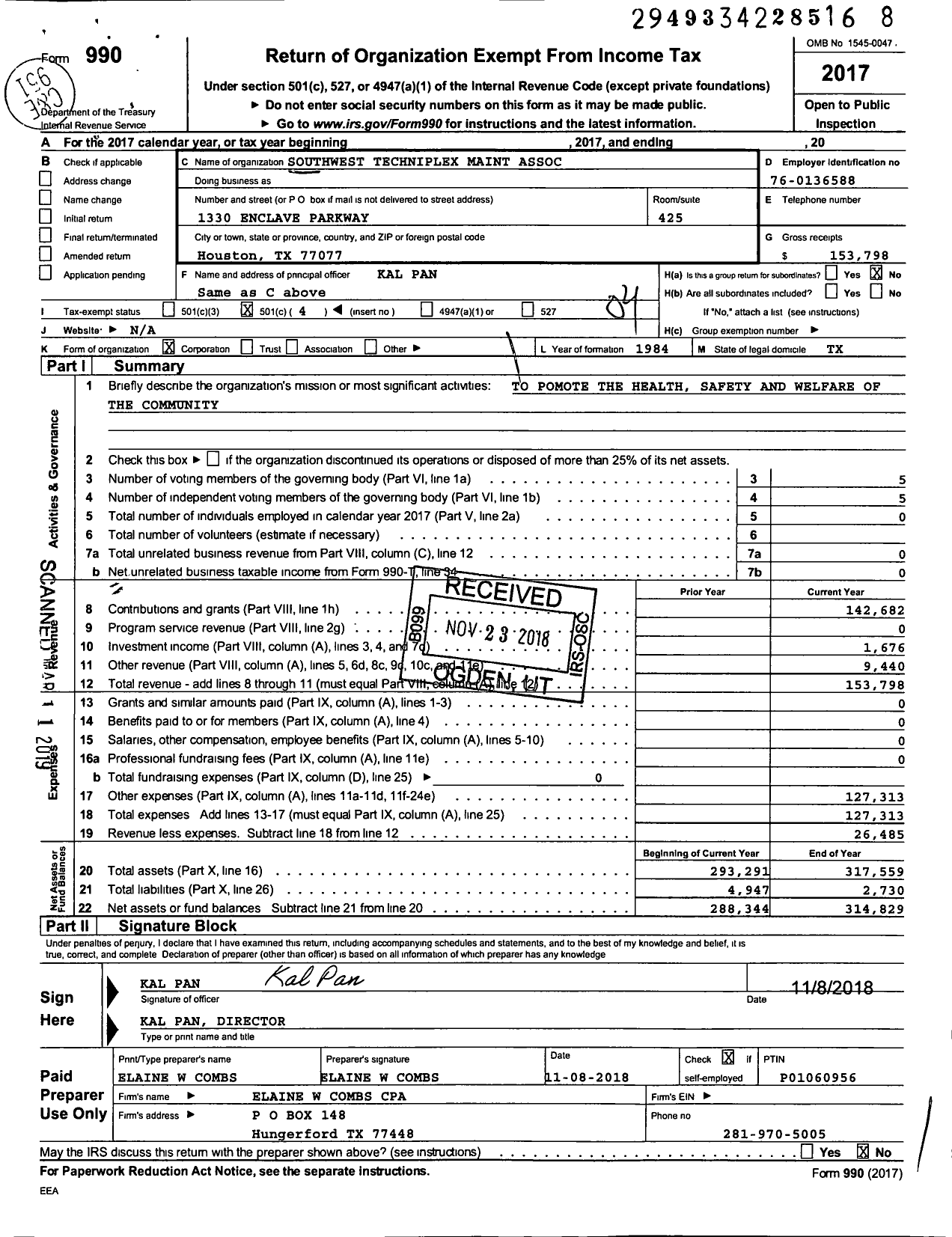 Image of first page of 2017 Form 990O for Southwest Techniplex Maint Association