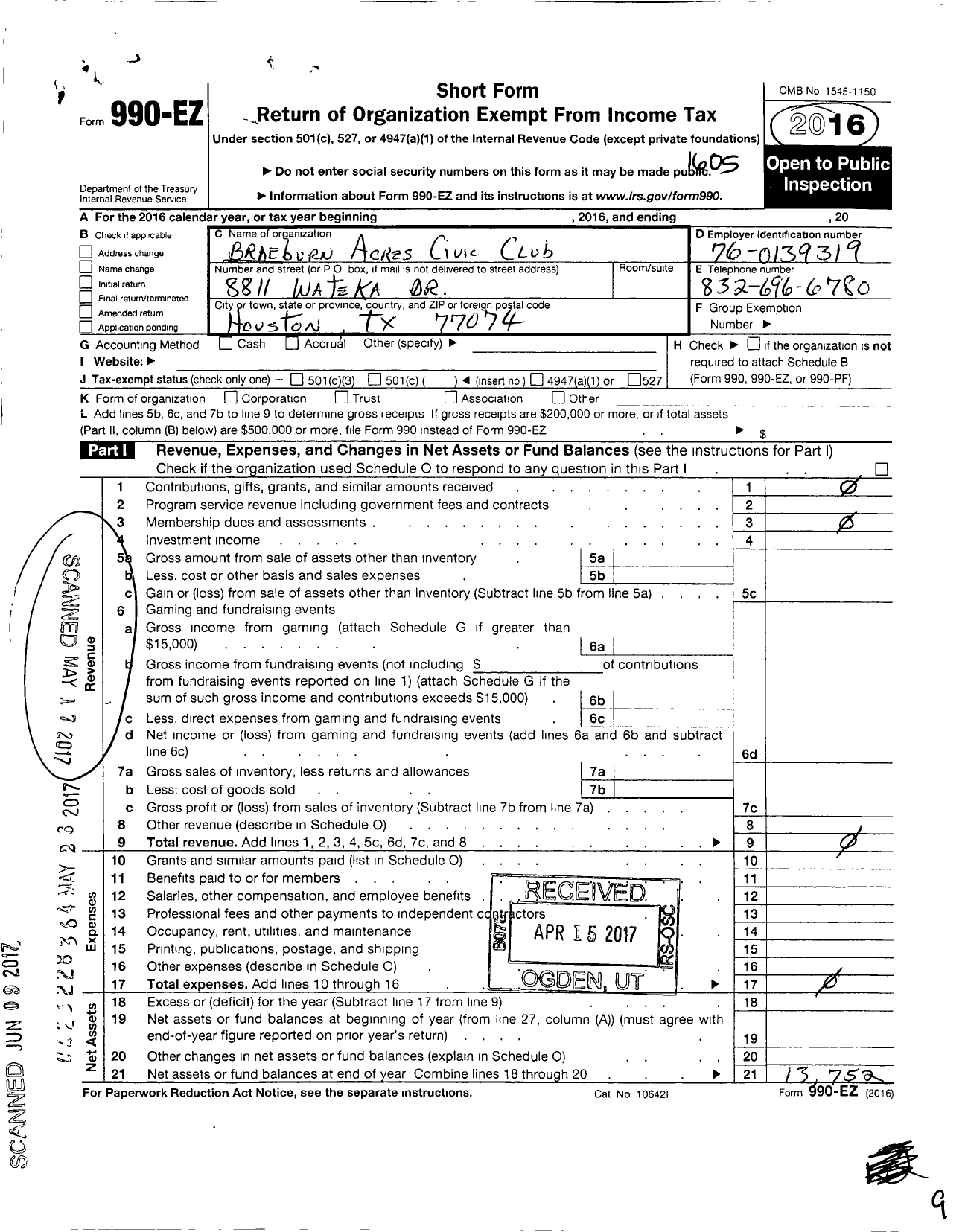 Image of first page of 2015 Form 990EO for Braeburn Acres Civic Club