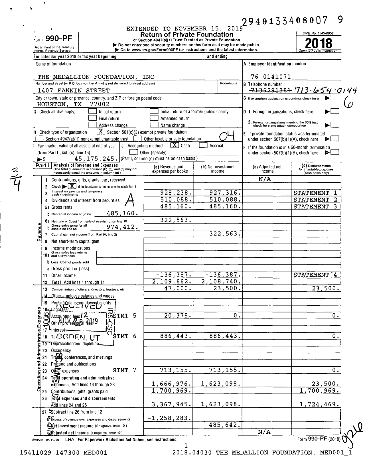 Image of first page of 2018 Form 990PF for The Medallion Foundation