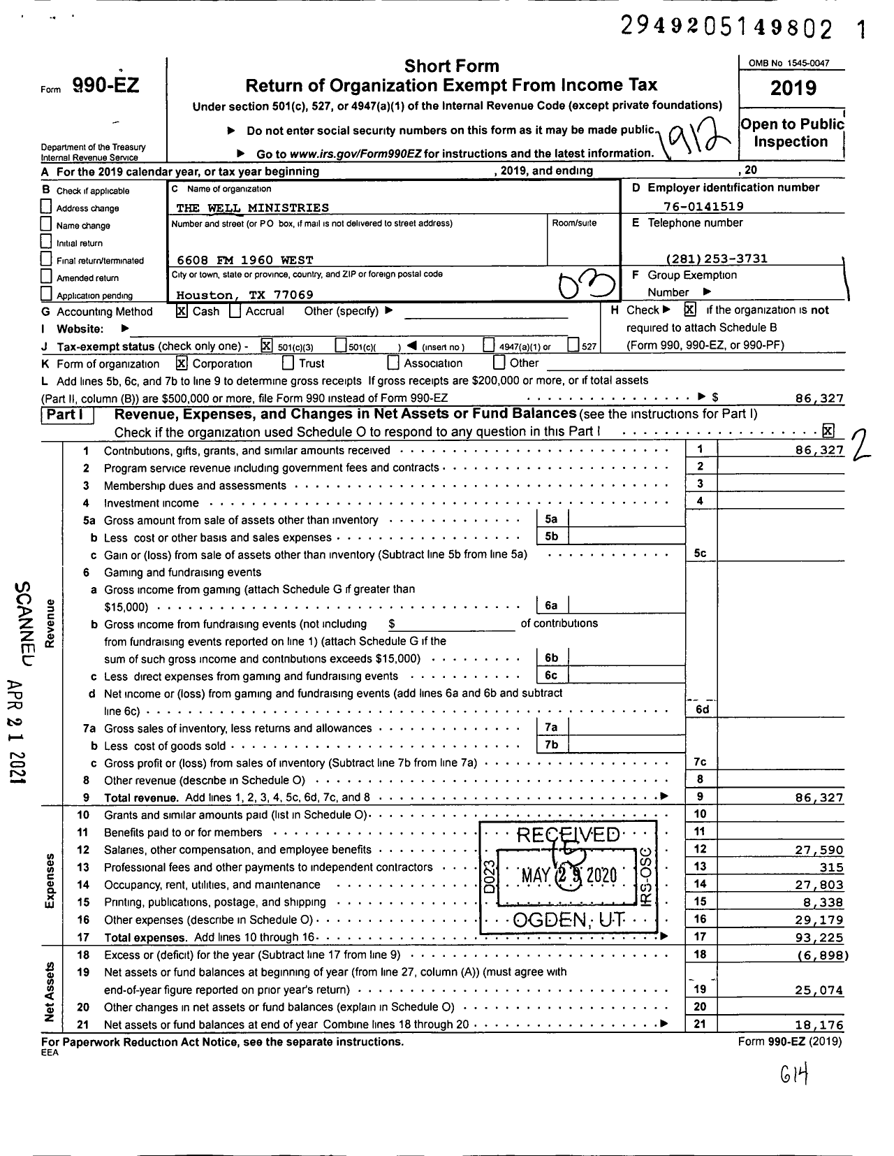 Image of first page of 2019 Form 990EZ for The Well Ministries