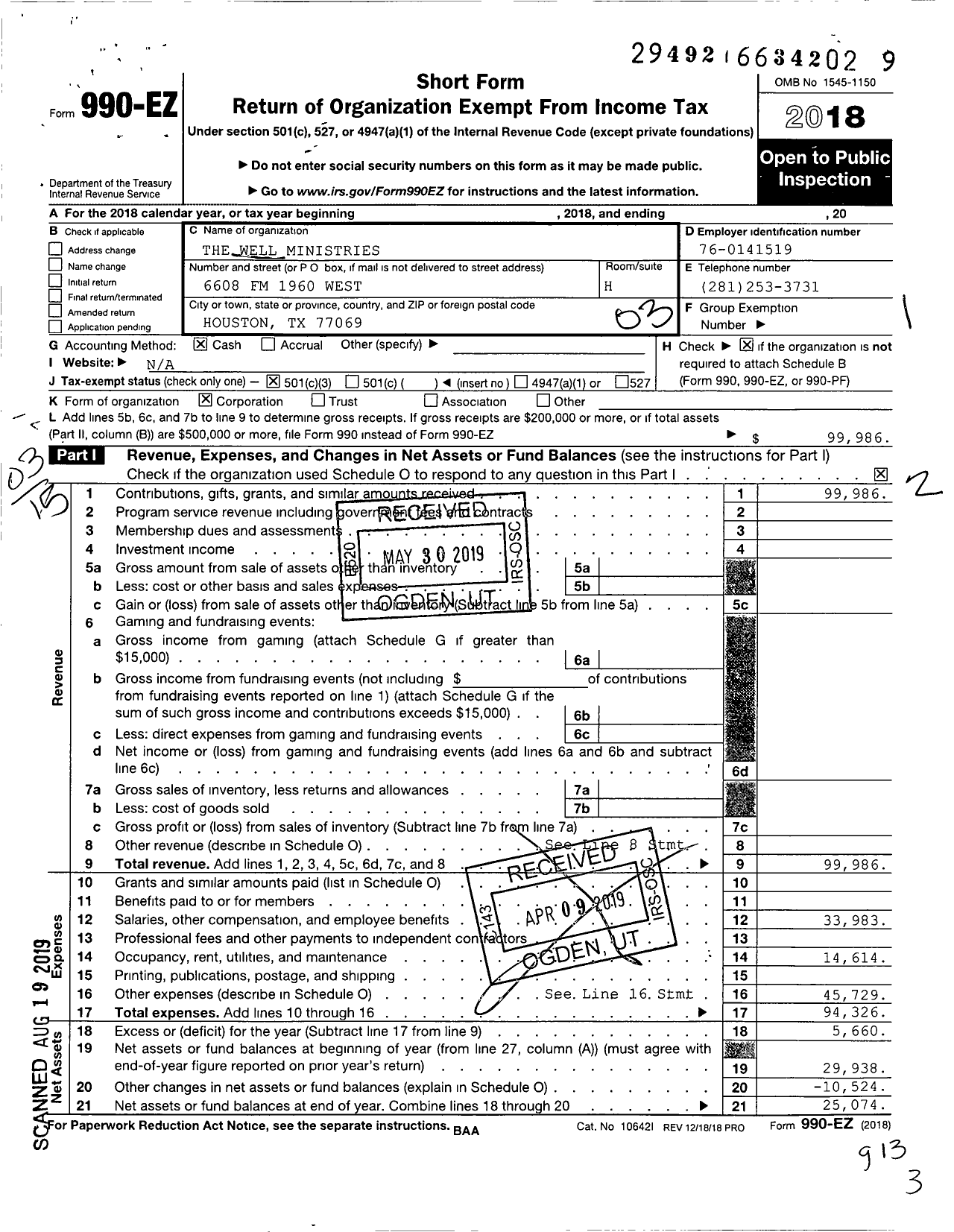 Image of first page of 2018 Form 990EZ for The Well Ministries