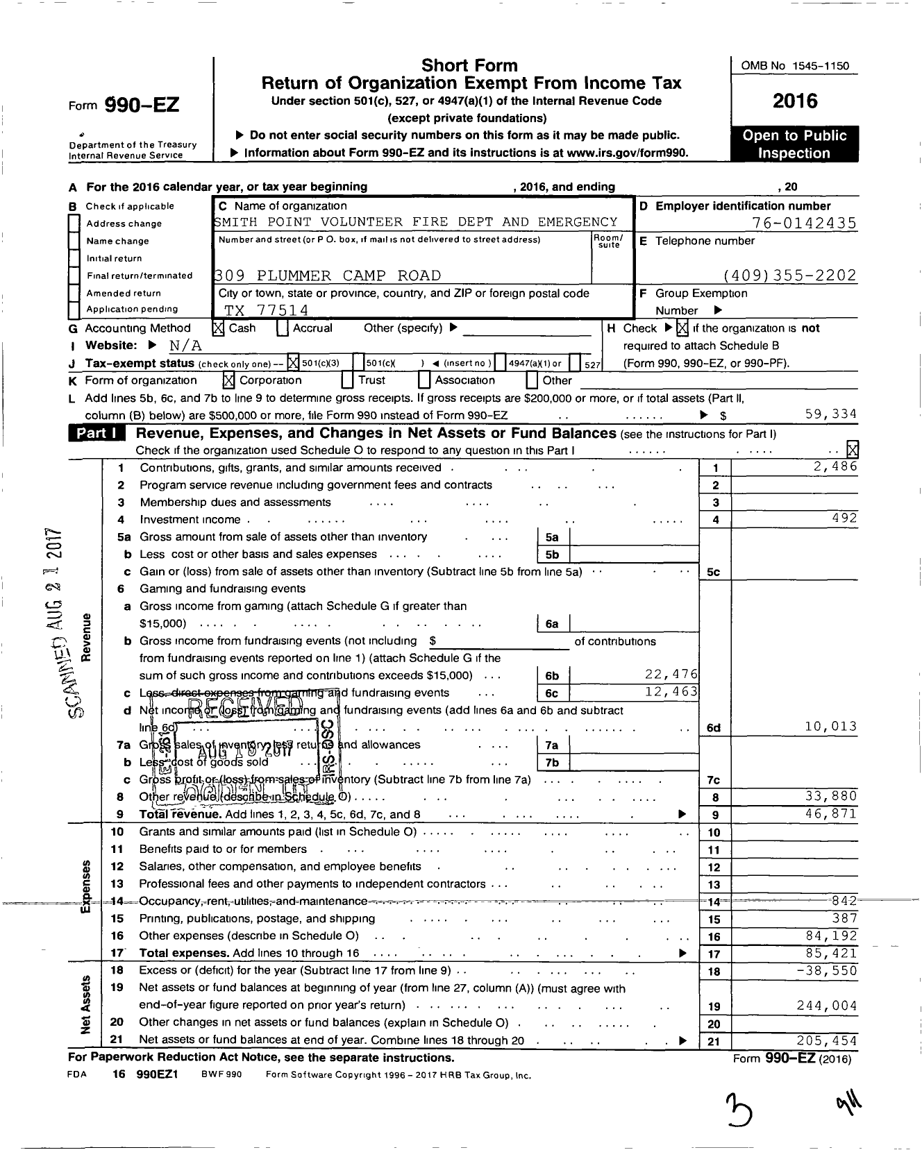 Image of first page of 2016 Form 990EZ for Smith Point Volunteer Fire Dept and Emergency Corps