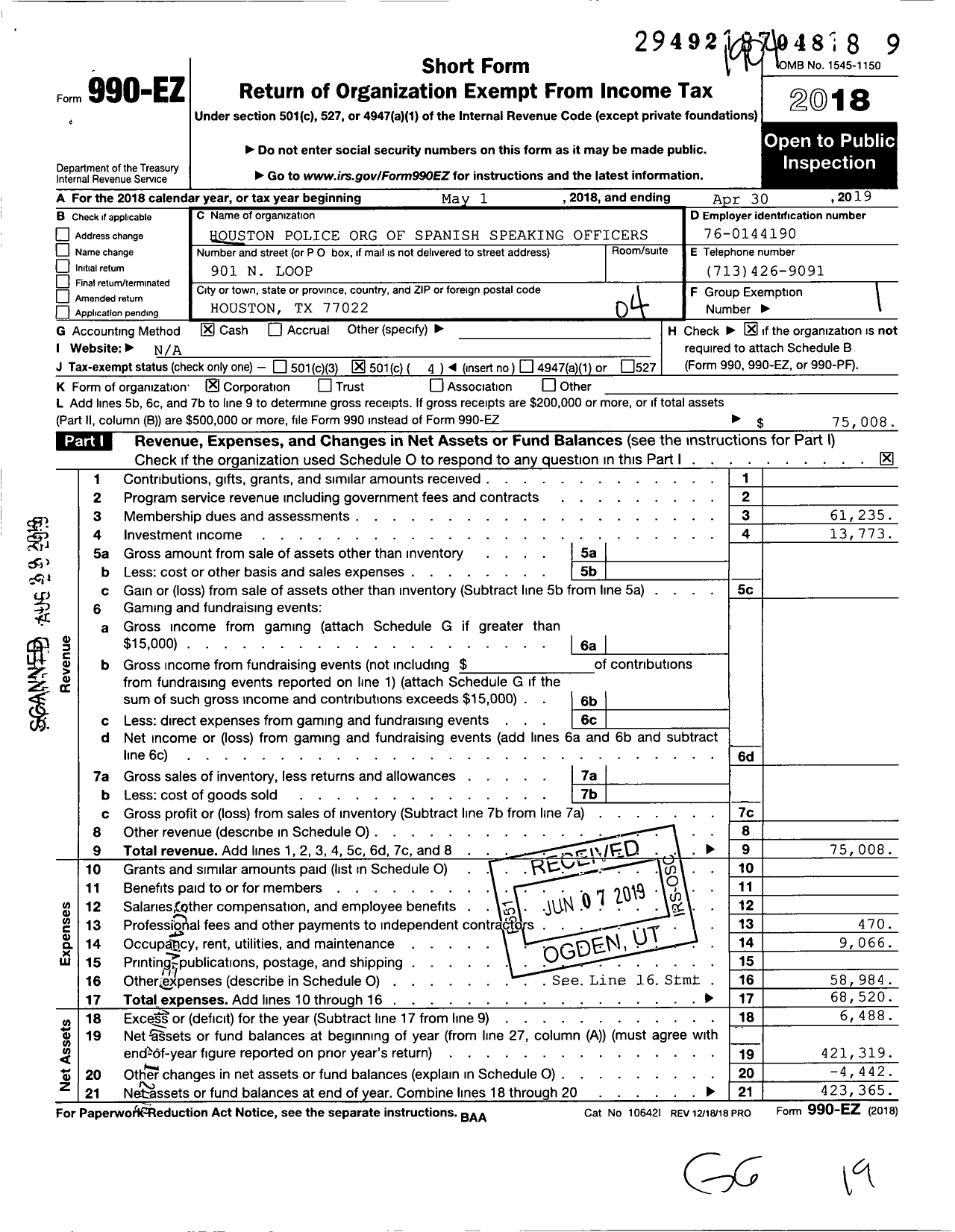 Image of first page of 2018 Form 990EO for Houston Police Org of Spanish Speaking Officers