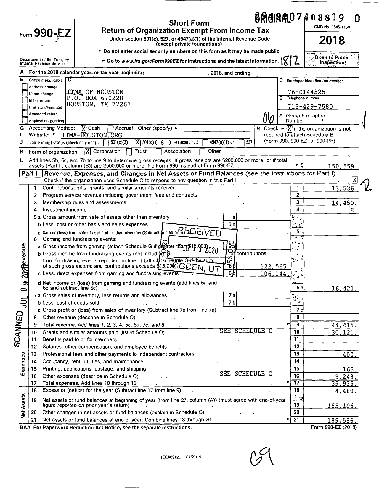 Image of first page of 2018 Form 990EO for Itma of Houston