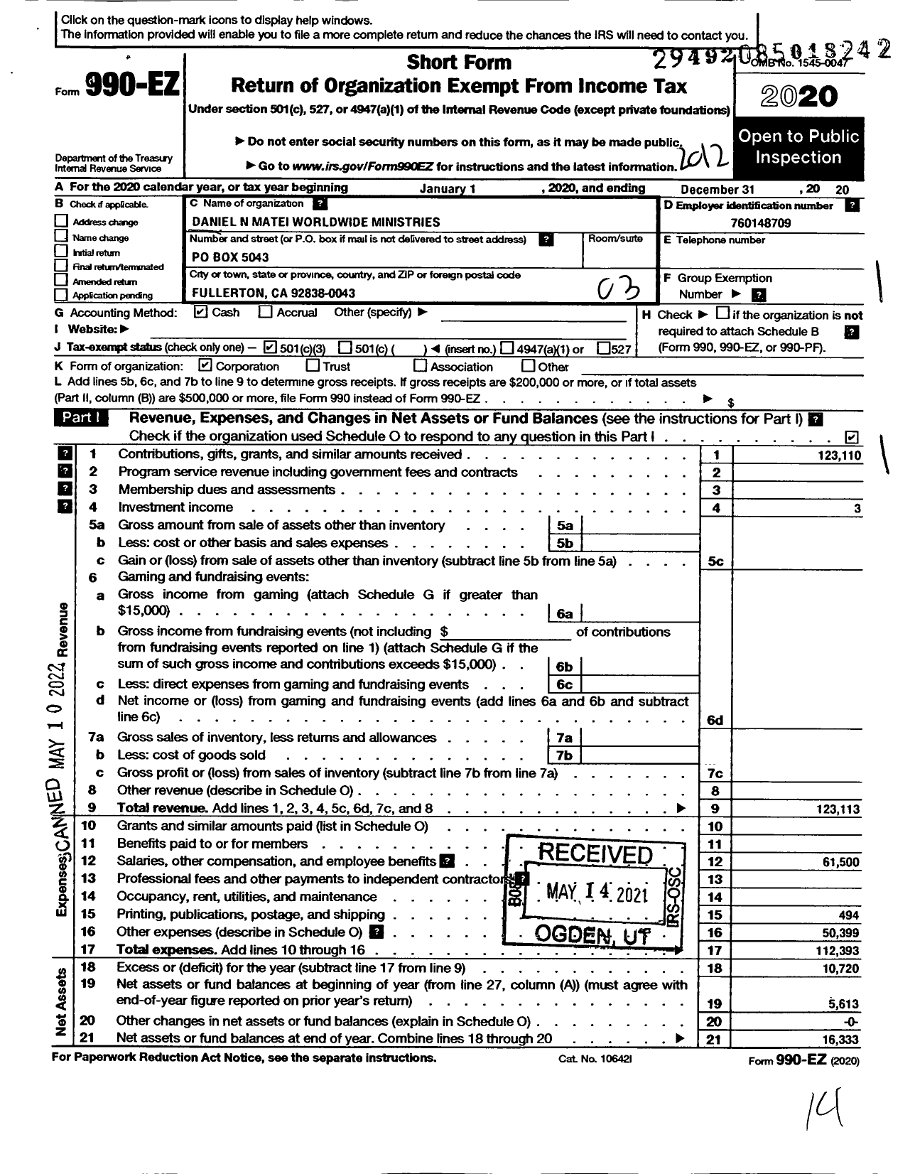 Image of first page of 2020 Form 990EZ for Daniel N Matei Worldwide Ministries