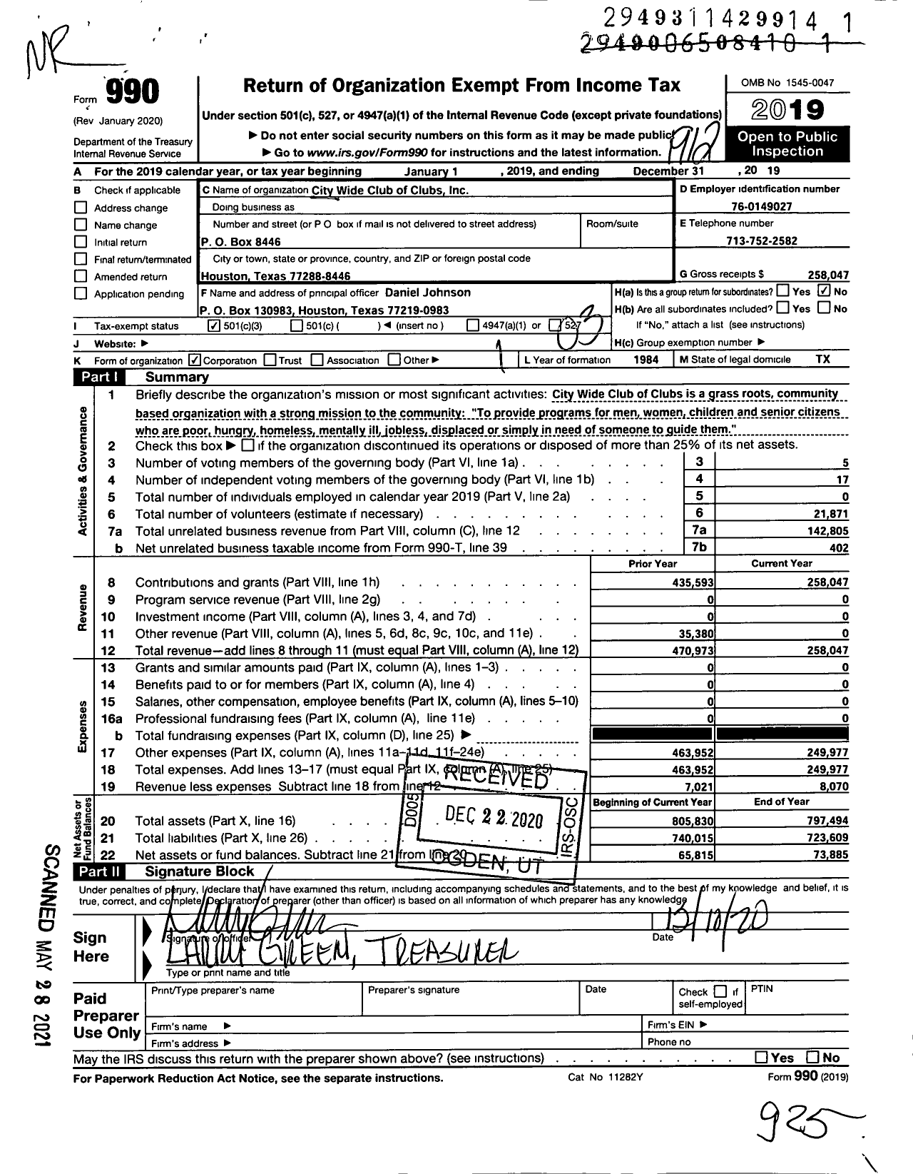 Image of first page of 2019 Form 990 for City Wide Club of Clubs