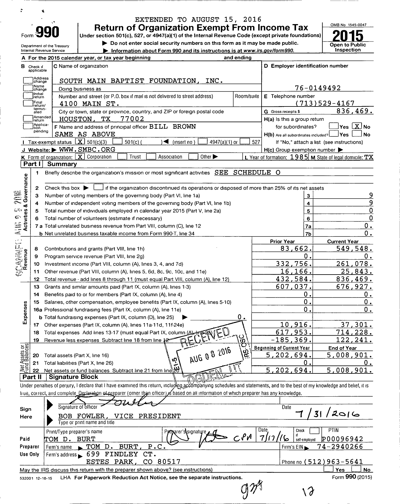 Image of first page of 2015 Form 990 for South Main Baptist Foundation