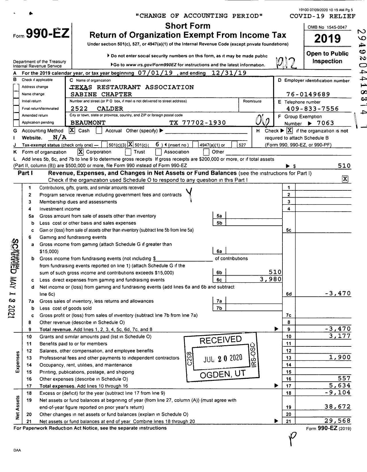 Image of first page of 2019 Form 990EO for Texas Restaurant Association Sabine Chapter