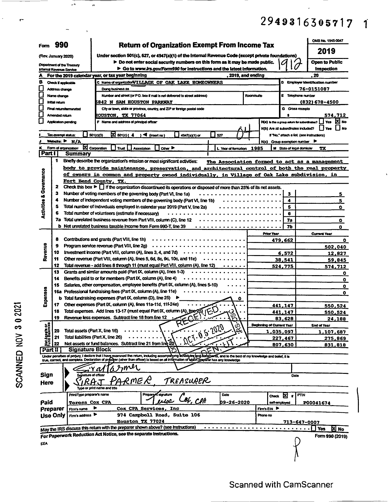 Image of first page of 2019 Form 990O for Village of Oak Lake Homeowners