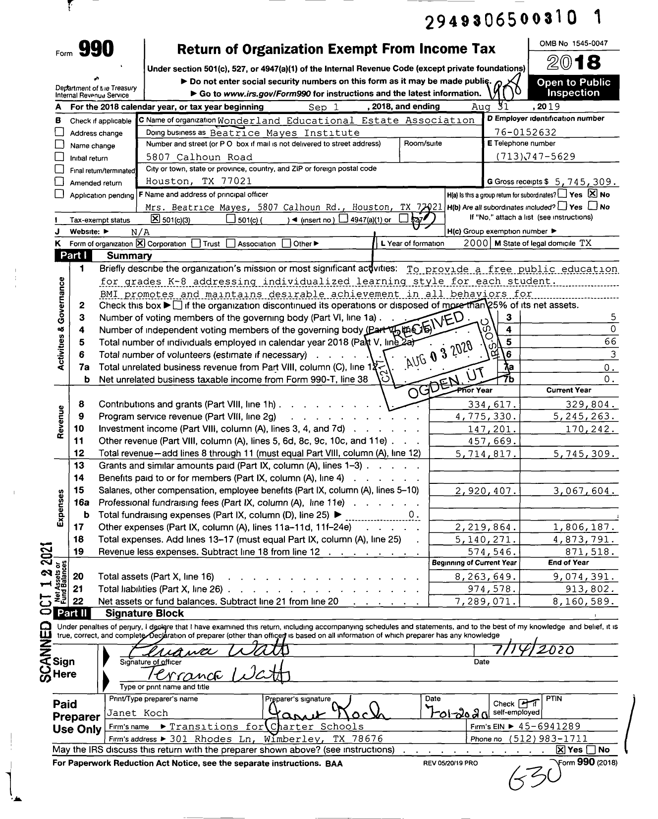 Image of first page of 2018 Form 990 for Beatrice Mayes Institute (BMI)