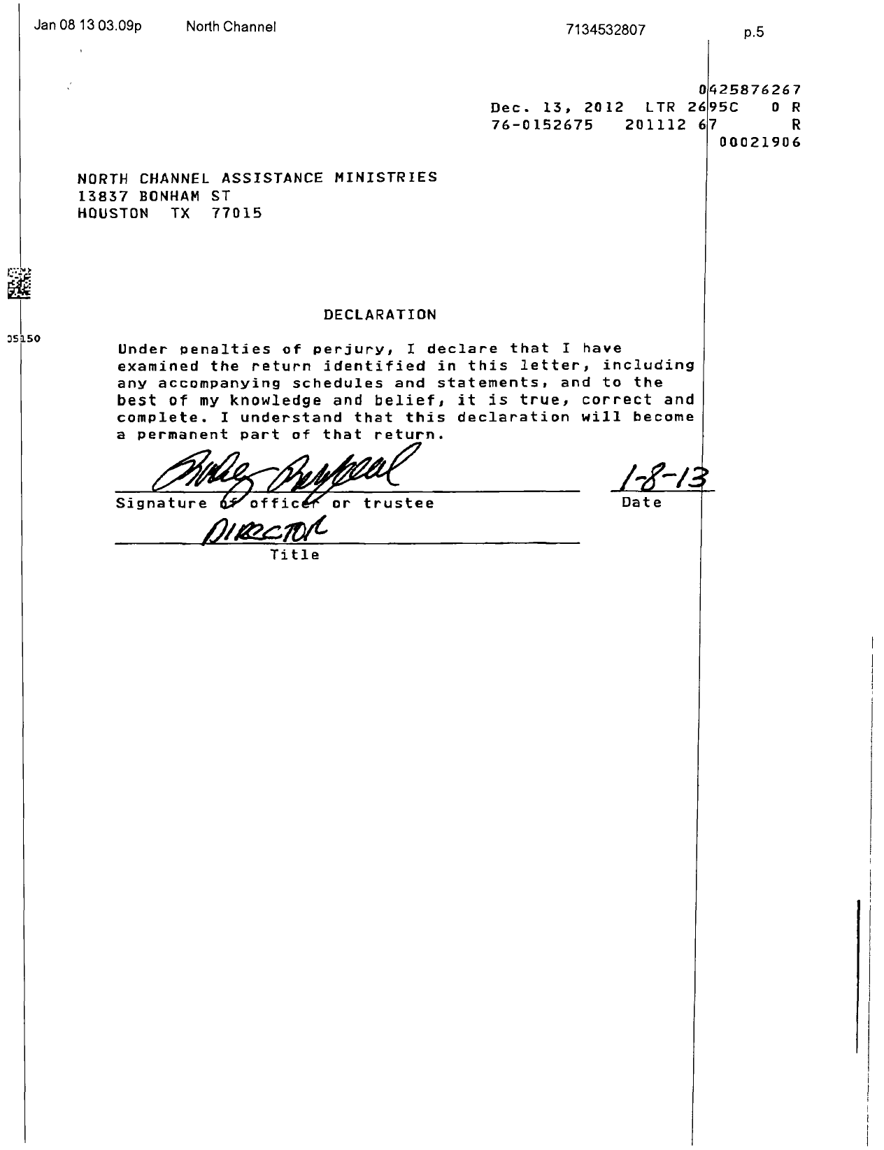 Image of first page of 2011 Form 990ER for North Channel Assistance Ministries