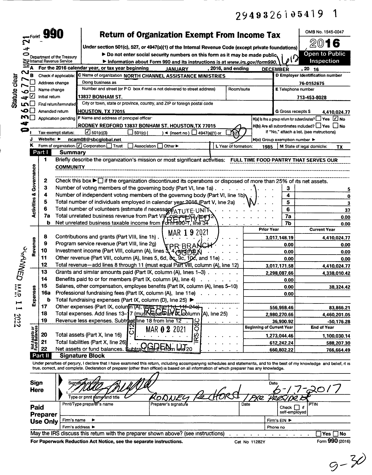 Image of first page of 2016 Form 990 for North Channel Assistance Ministries
