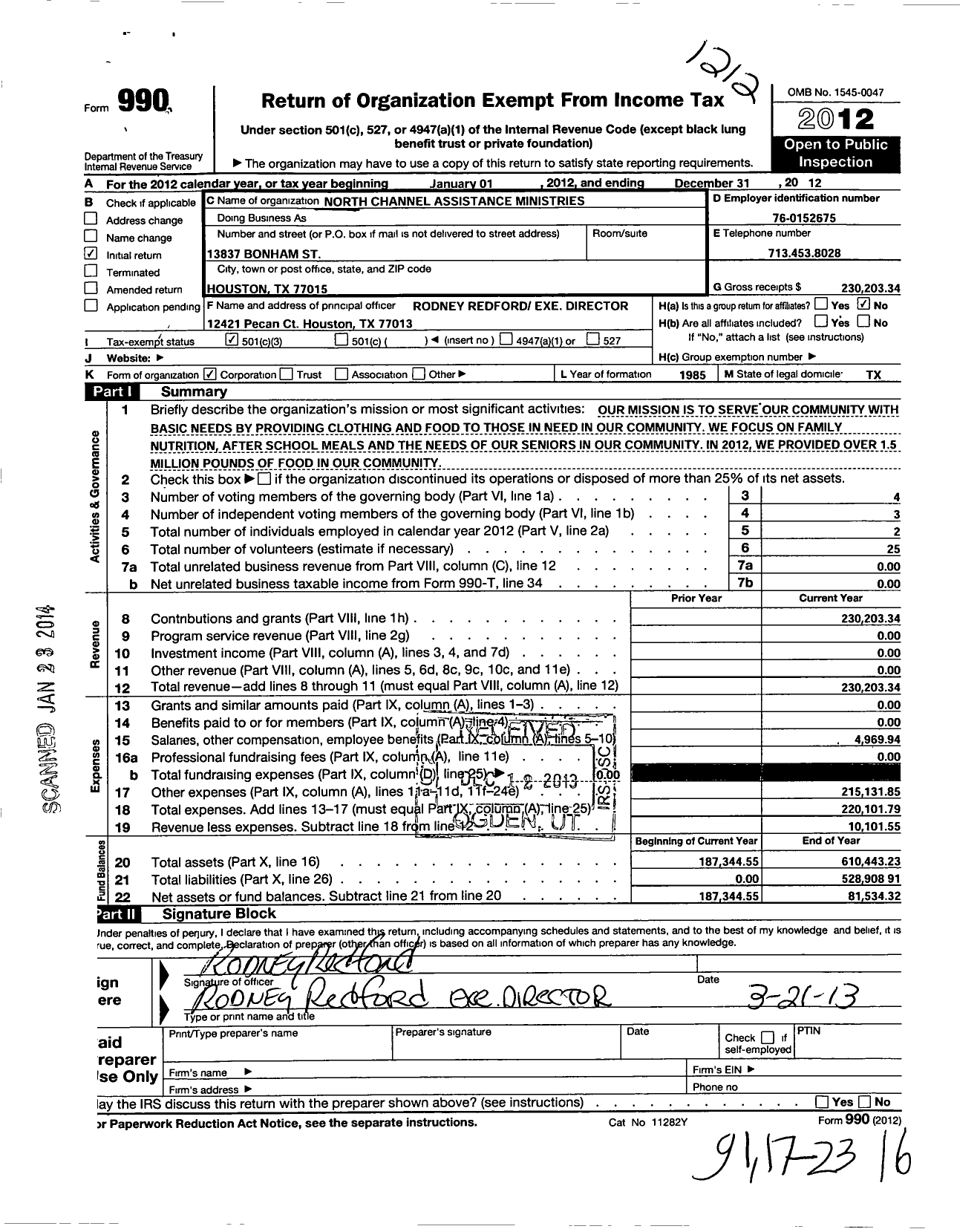 Image of first page of 2012 Form 990 for North Channel Assistance Ministries
