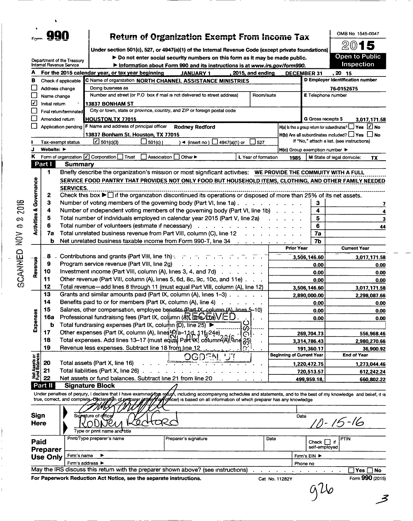 Image of first page of 2015 Form 990 for North Channel Assistance Ministries