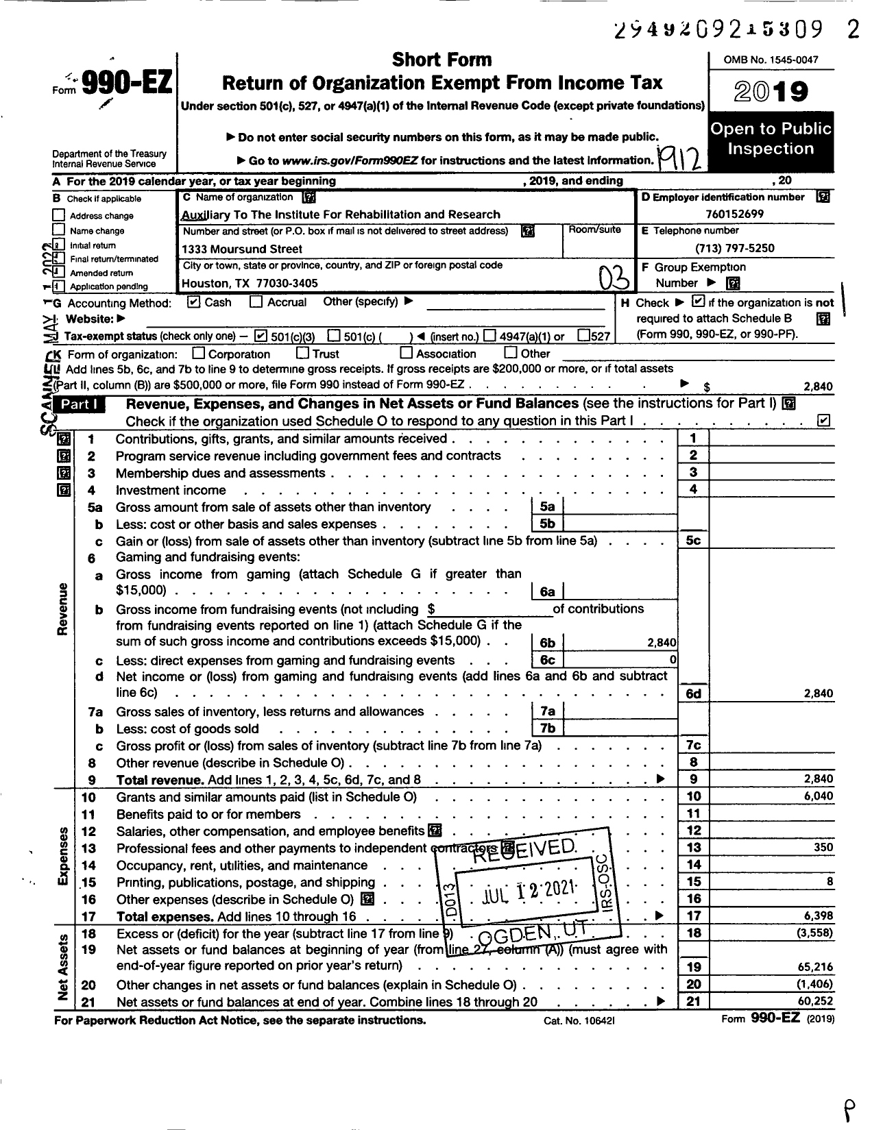 Image of first page of 2019 Form 990EZ for Auxiliary To the Institute for Rehabilitation and Research