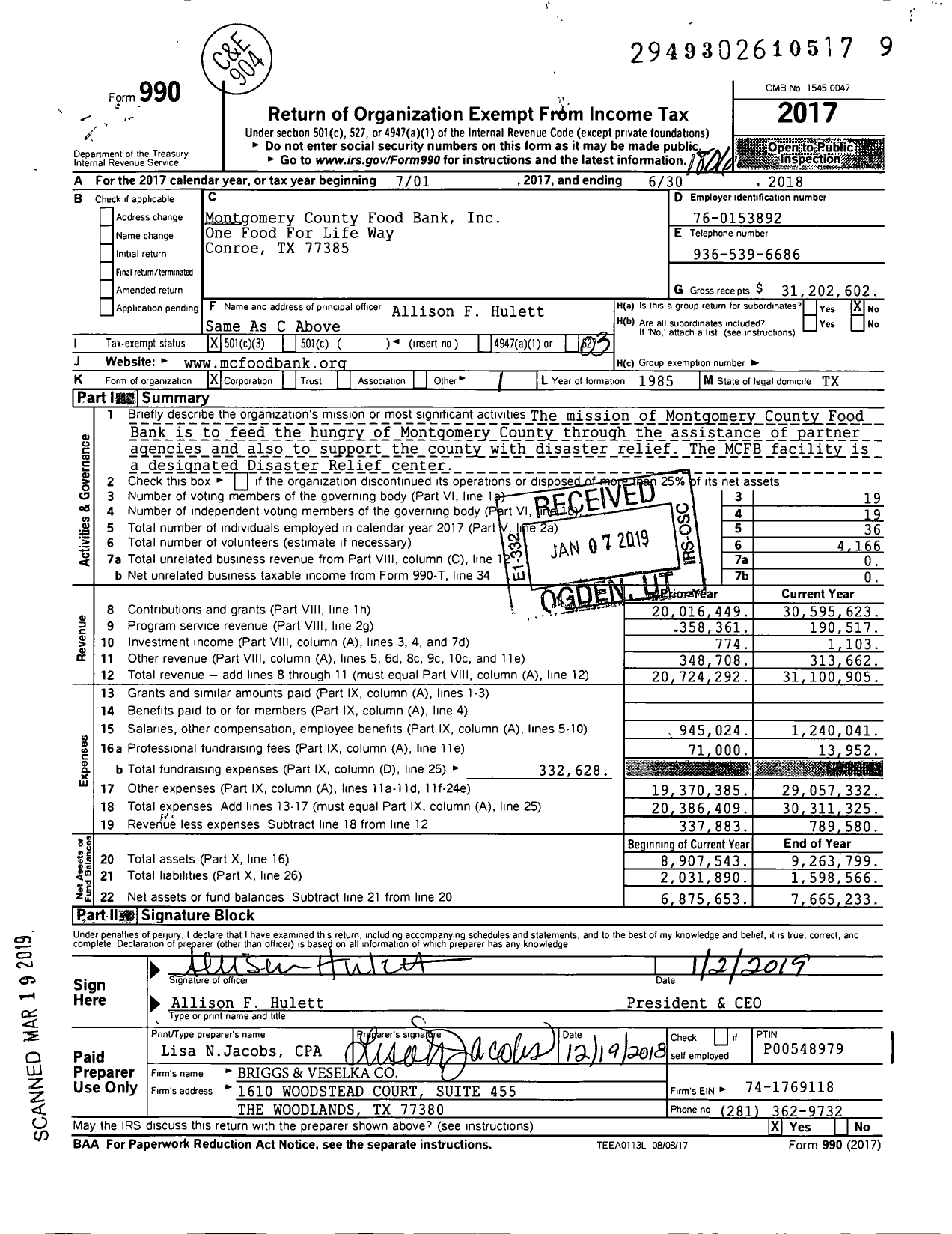 Image of first page of 2017 Form 990 for Montgomery County Food Bank