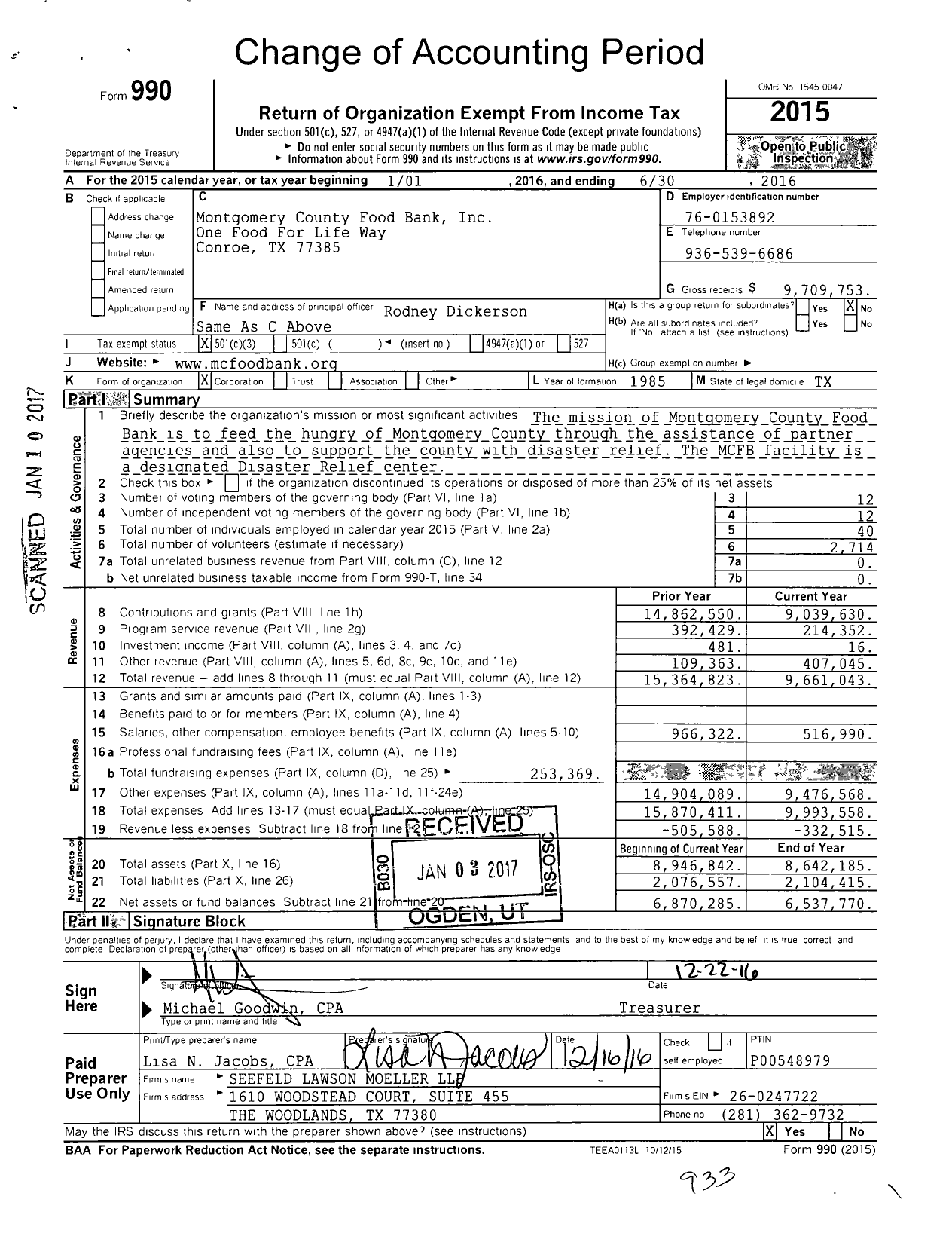 Image of first page of 2015 Form 990 for Montgomery County Food Bank